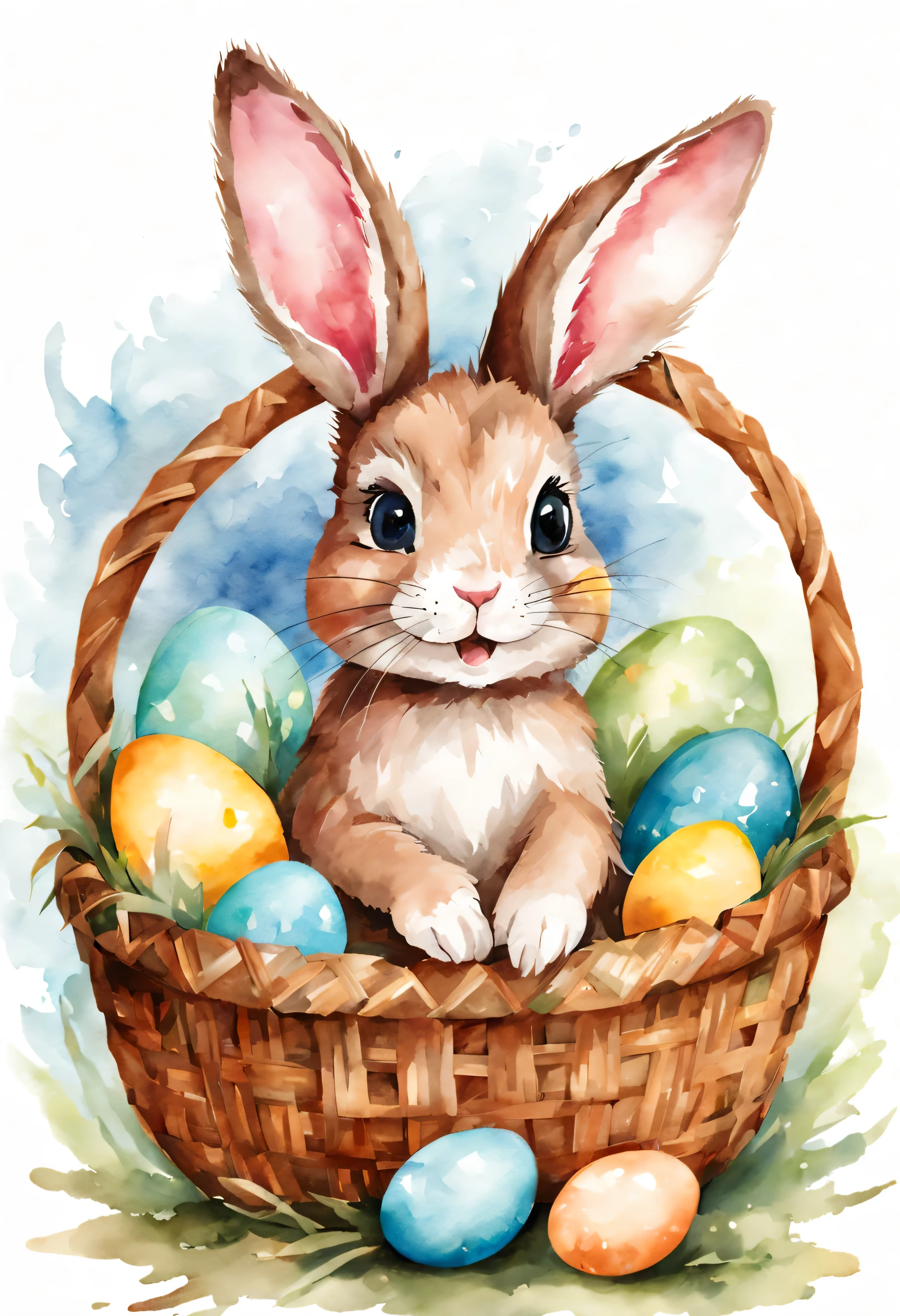 Páscoa, Páscoa bunny with a straw basket and painting Páscoa eggs, Coelhinho bonitinho, aquarela, aquarela style, aquarela painting