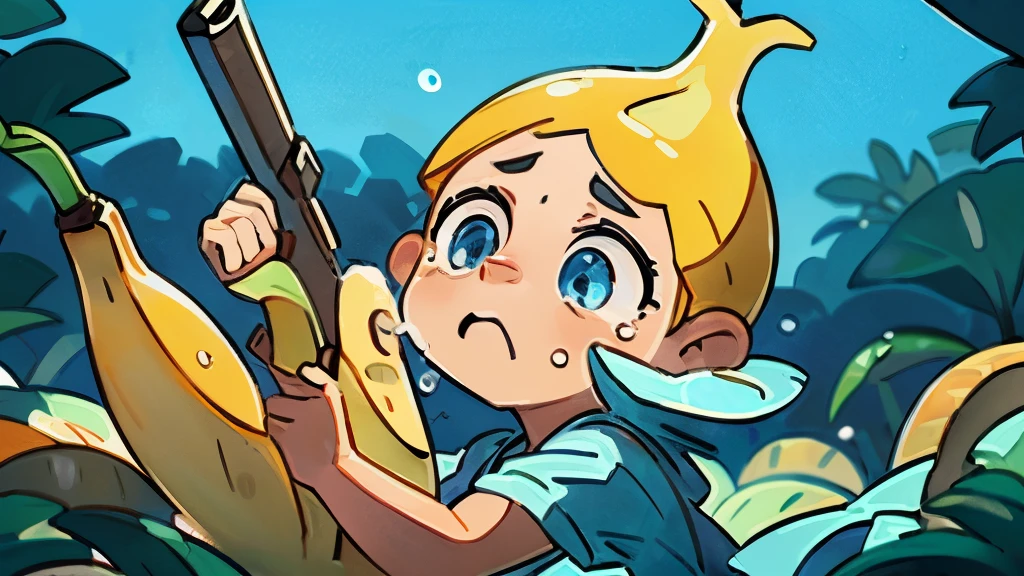 tears, crying, sadge, dramatic, strong contrast and saturation, blueish shooting range background, high detailed, fornite banana costume, shooting, guns, bananas guns, bananas, big eyes, crying, in a close view, front