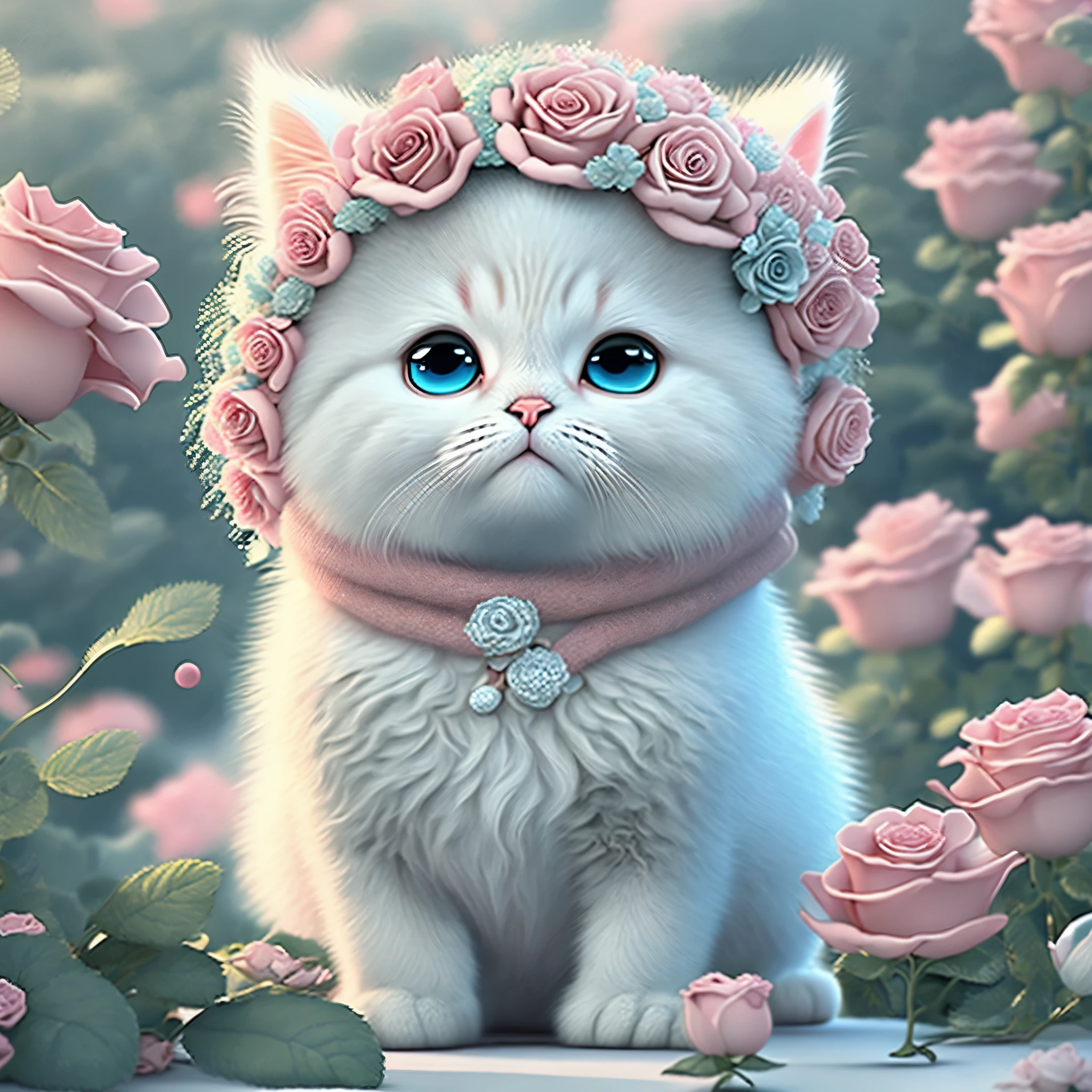 In this ultra-detailed CG art, Cute kitten surrounded by flowing roses, best quality, high resolution, intricate details, fantasy, adorable animal