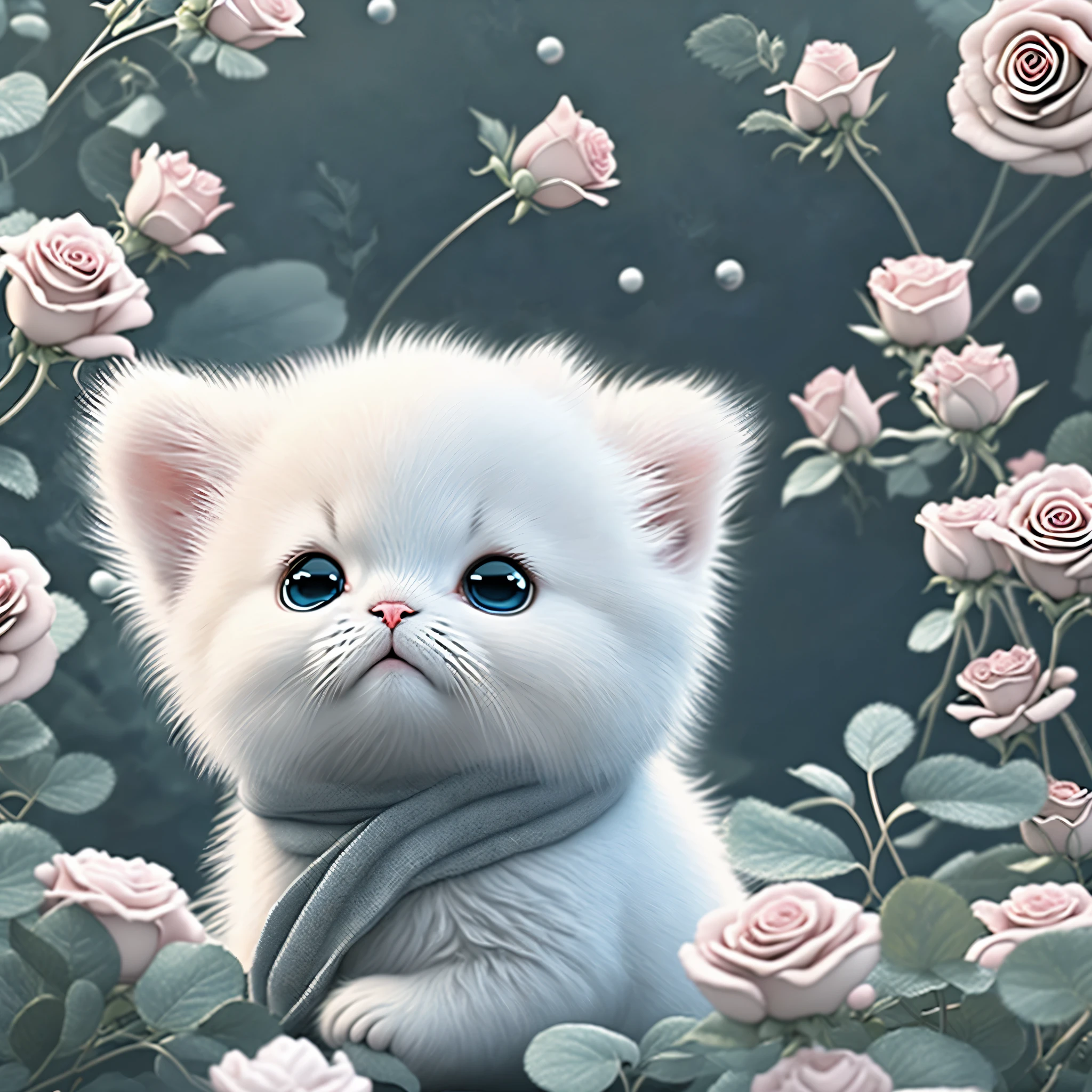 In this ultra-detailed CG art, Cute kitten surrounded by flowing roses, best quality, high resolution, intricate details, fantasy, adorable animal