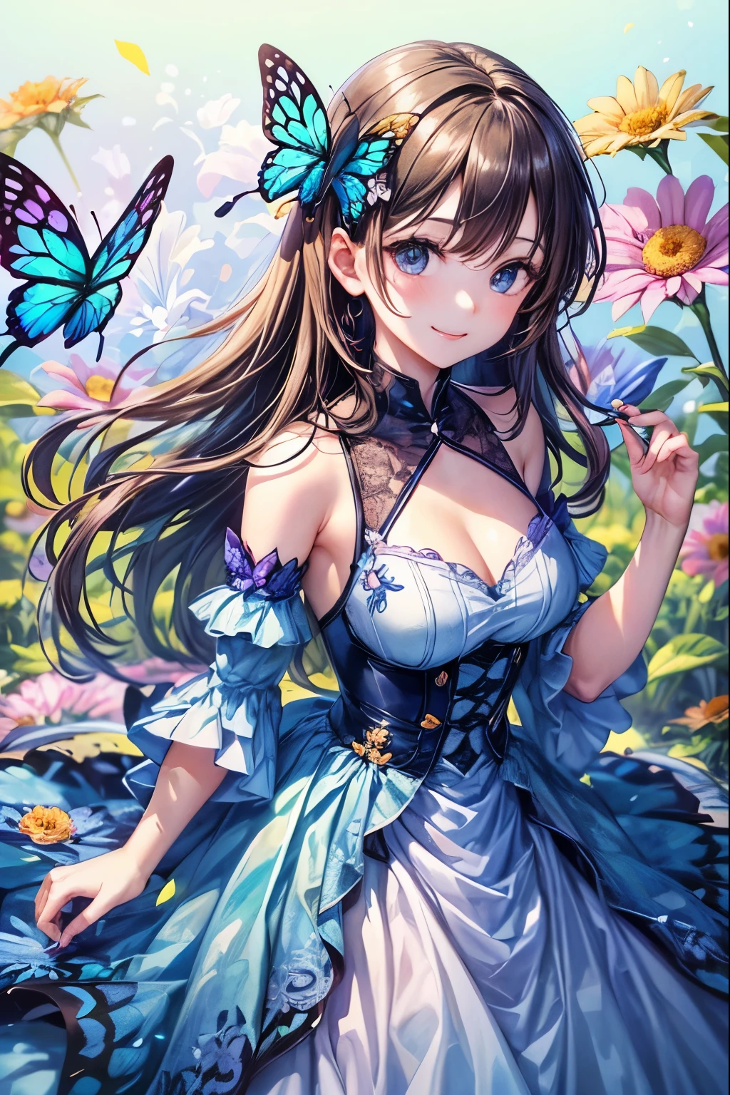 masterpiece, (best quality), ((It is best to be detailed)), depth of field, a beautiful girl, pretty face, nature, , flowering, Colorful scenery, flowers, Butterfly, Glowing dress, Purple Elements