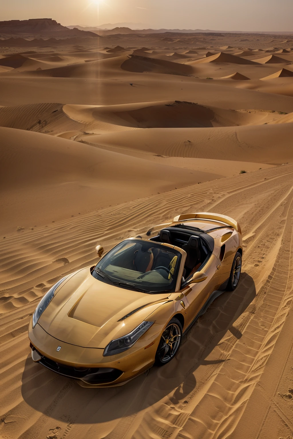 In the heart of the vast Sahara desert, an extraordinary scene unfolds before our eyes. A Ferrari Spider, its sleek red body glistening under the scorching sun, stands abandoned with all its seats filled to the brim with golden bars. The precious metal reflects the sun's rays, casting an otherworldly glow over the desolate landscape. With no sign of civilization in sight, the gold-laden Ferrari seems like a beacon of wealth and luxury amidst the sea of sand. The scene is captured in stunning detail, with every gold bar visible, each refining the image's realism. The empty seats, still warm from the sun, tell a tale of mystery and