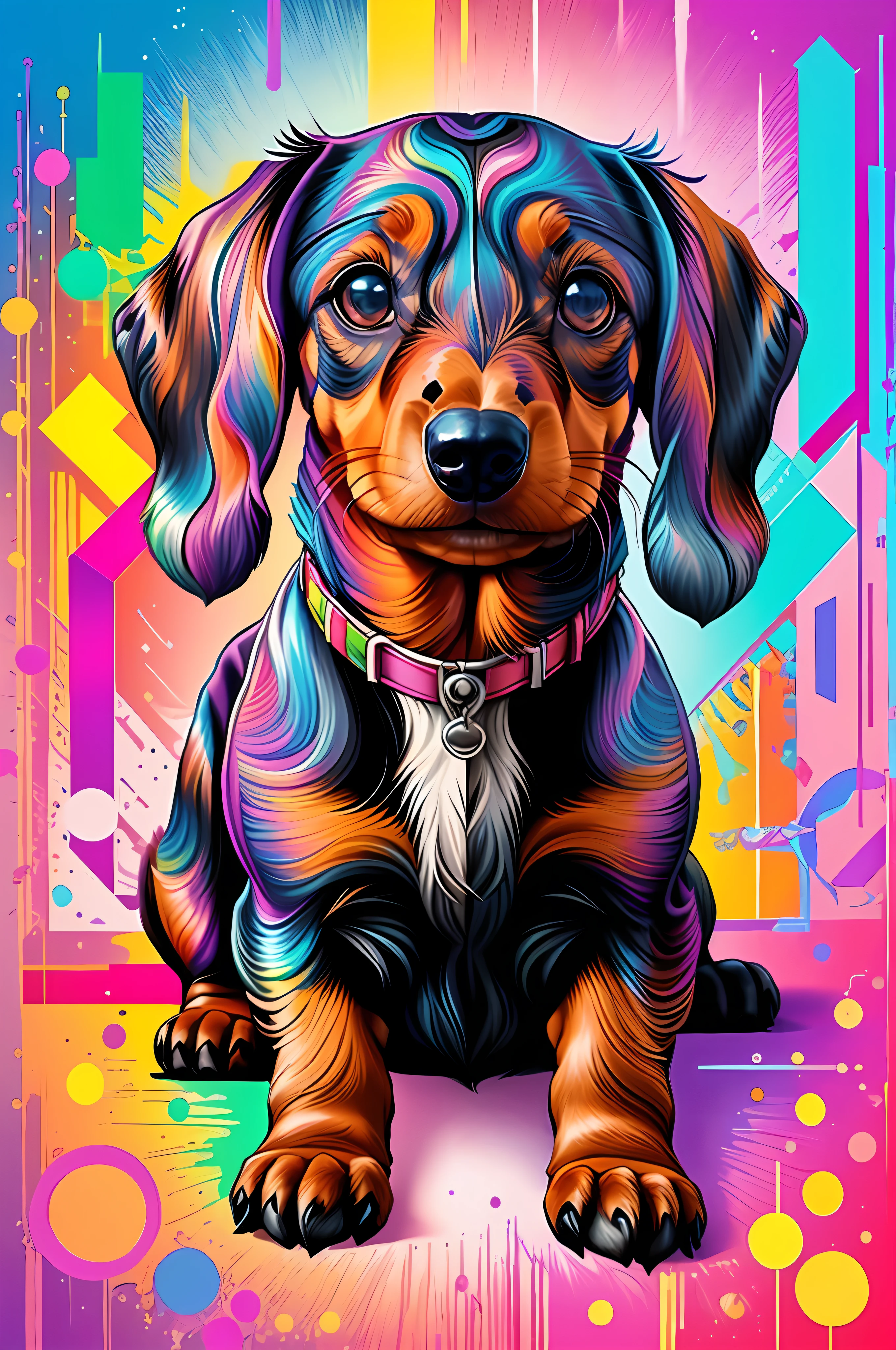 (Dachshund Dog ),(melhor pose),(best angle), (better expression), Eduardo Kobra acolchoamento ,multidimensional geometric wall PORTRAIT, arte, Chibi,
Yang08k, lindo, Colouring,
Primary works, qualidade superior, melhor qualidade, Arte Oficial, Beautiful and Aesthetic, pelos coloridos,