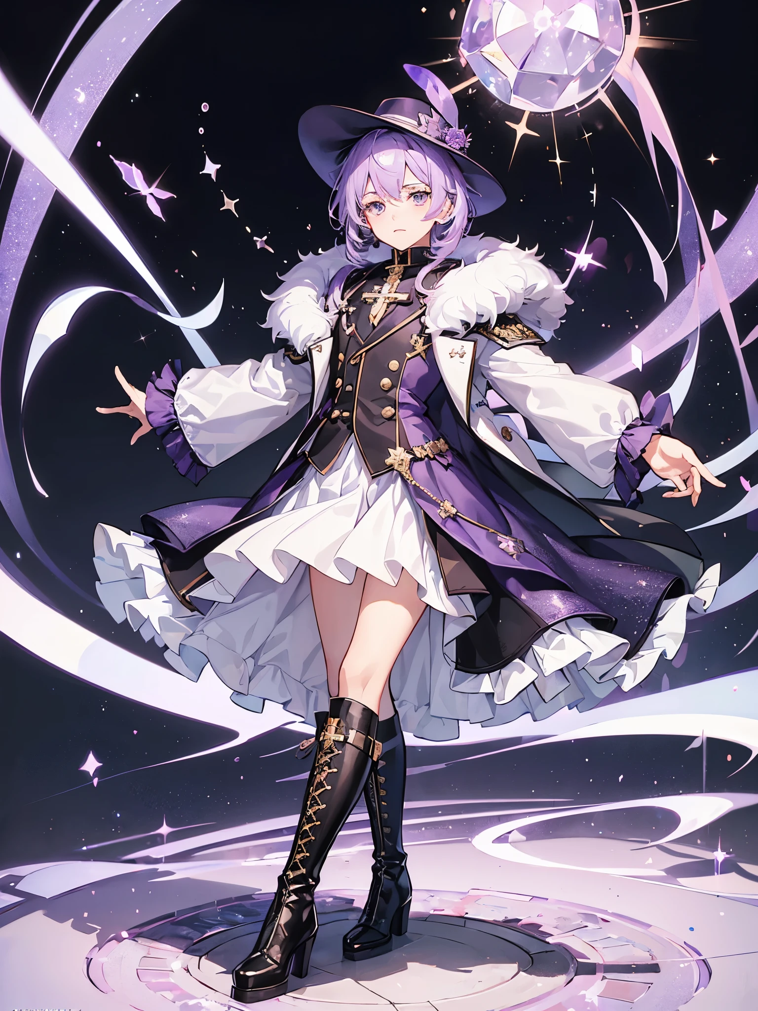 ((a boy)), lavender color hair,  crystal eyes, ((idol costume)), ((Cross-dressing)), long boots, ((Beautiful boy)), Military fur coat, ((individual)), ((dress)), military cotton hat