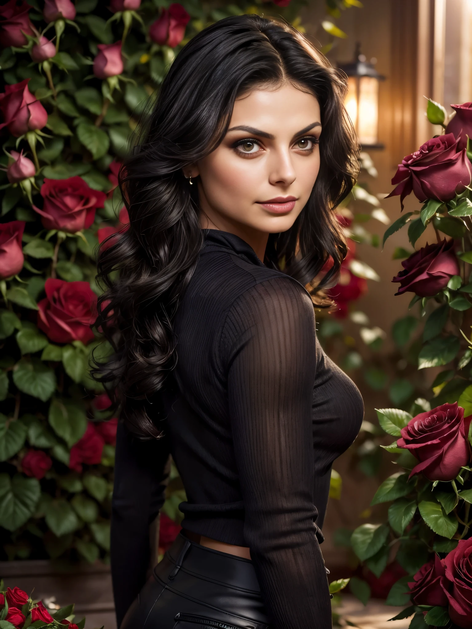 from below, best quality, ultra high res, (photorealistic:1.4), Morena Baccarin, (makeup:1.4), long sleeve sweater, natural breasts, (black wavy hair:1.3), (surrounded by roses:1.3), (sweet romantic lighting:1.4), (seductive expression:1.1), looking at viewer, (satin cargo pants:1.05), back