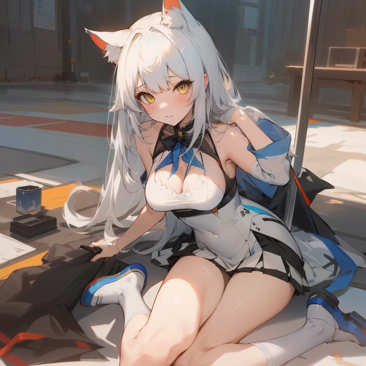 realistis girl with cat ears sitting on the ground with a knife, guweiz on pixiv artstation, guweiz on artstation pixiv, azur lane style, white cat girl, from the azur lane videogame, from arknights,