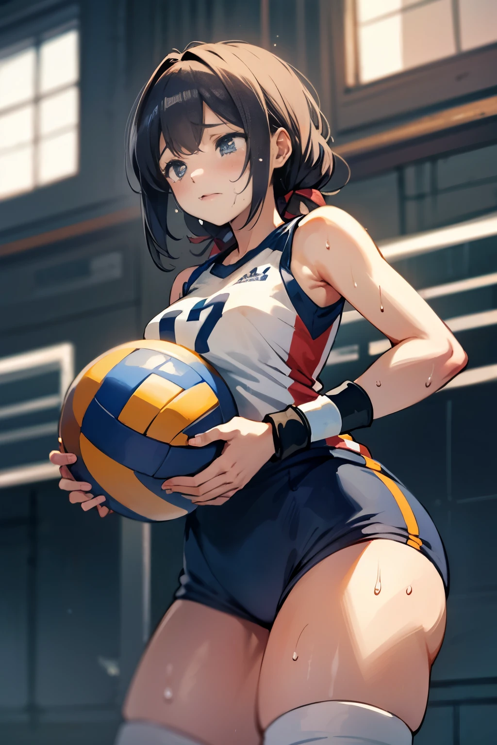unity 8k wallpaper, anatomically correct, (((masterpiece))), (((best quality))), (((ultra detailed))), (((high-resolution))), ((super fine illustration)), ((Ultimate cutie)), ((detailed beautiful face)), ((perfect hands)), perfect finger, (((good anatomy))), Solo, One girl, 17 years old, potbelly, (Curve), (plump), medium breasts, ((thick thighs)), Shiny hair, (A look of regret), (((Tearfully))), ((blush)), BREAK, Adidas, (((Buruma))), (Sleeveless Volleyball Uniforms), head band, ((wristbands)), ((Kneepads)), BREAK, ((Hold a beautiful Perfectly spherical 6" volleyball with both hands)), slouching forward, ((Sweat)), (perspired), (Heavy breathing), Sense of depth, in gymnasium, Lighting, (Looking down), cowboy shot