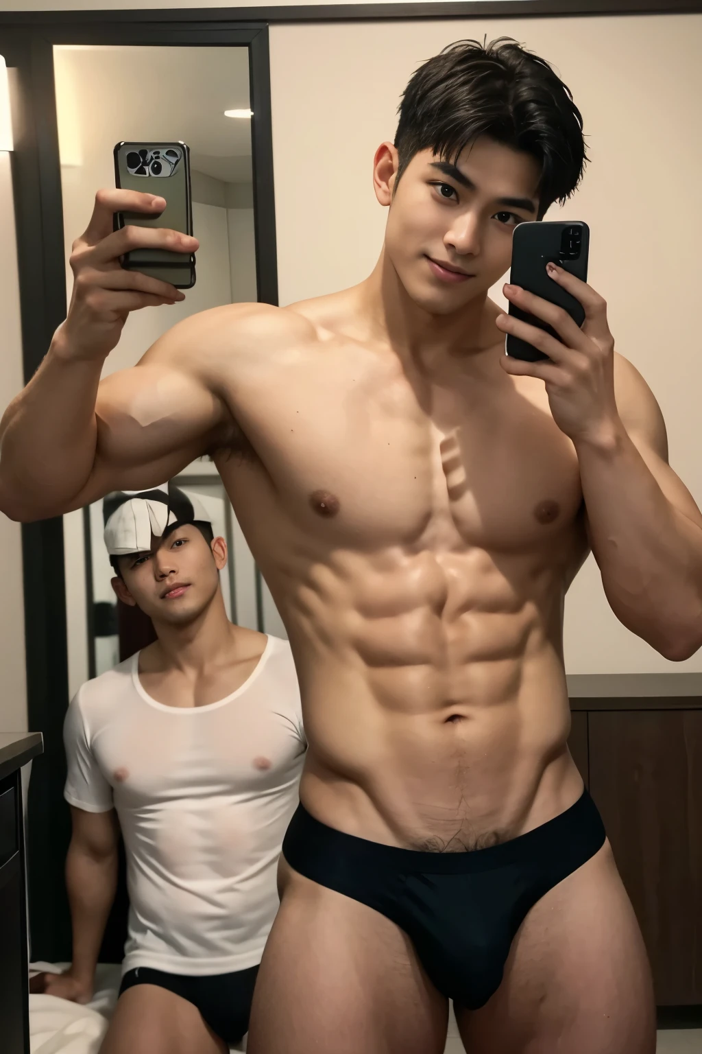 2boys, vietnamese male, two young hot handsome muscular boys, wearing sexy dark olive green small micro thongs, well-endowed, massive bulges, sexy and cute, messy hair, dynamic hairstyles, detailed face, detailed eyes, big eye, smirking, playful, smug, flexing and posing cockily, smile, mirror selfie, holding his phone up in front of him, iphone photograph, dynamic poses, perfect hands, sexy and cute, realistic skin, dark skin, aesthetics, perfect hands, realistic, photorealistic, masterpiece, highest quality, perfect lightings, modern, photoshoot, award-winning photo, by Adonisjing, indoors, dormitory, height difference, different body types, different musculatures