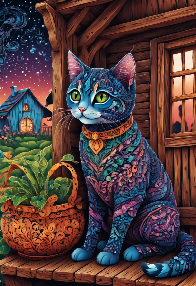 (best quality, highres, ultra sharp), magical ,cute cat, in a porch of a magic farm, zentangle, full colored, 3d crunch,