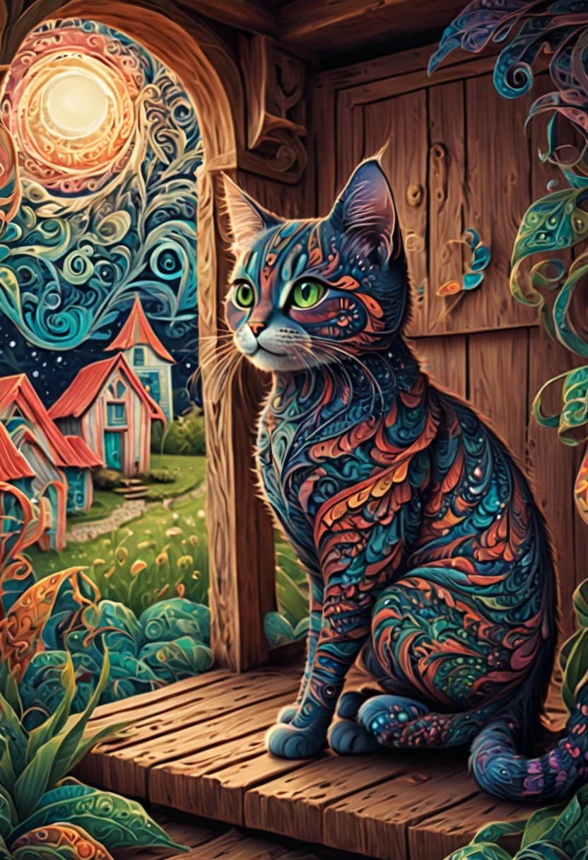 (best quality, highres, ultra sharp), magical ,cute cat, in a porch of a magic farm, zentangle, full colored, 3d crunch,