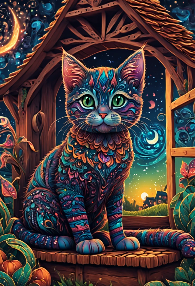 (best quality, highres, ultra sharp), magical ,cute cat, in a porch of a magic farm, zentangle, full colored, 3d crunch,
