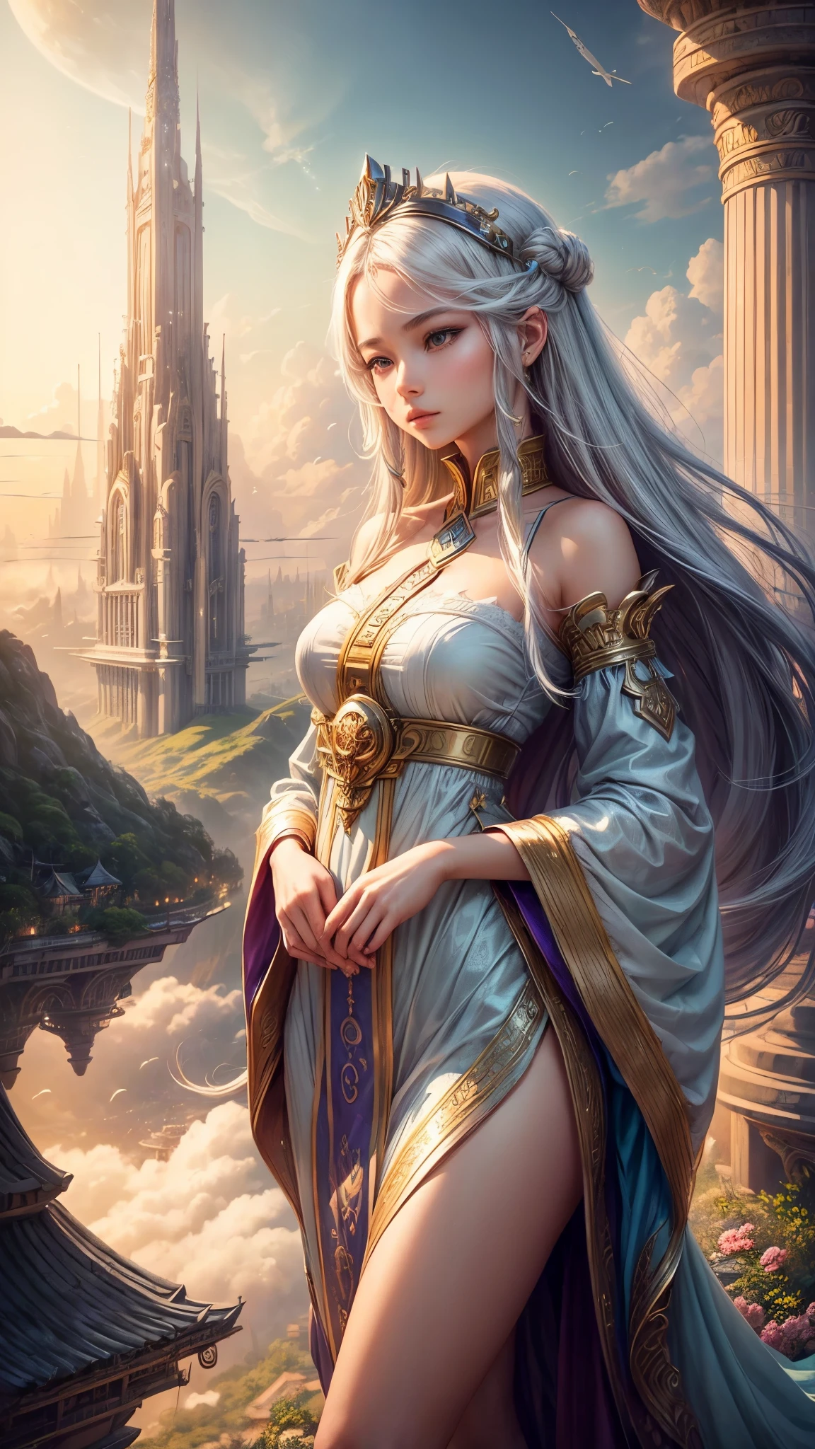 ((serene girl)) A  city on clouds, with flowing hair, vivid and lively surroundings, tall and elegant buildings, airships in the sky, enchanting gardens, calm and tranquil mood, magical atmosphere, benevolent deity's reign over a sky kingdom, inhabitants living harmoniously with nature, distinct and beautiful architectural style, breathtaking landscape.