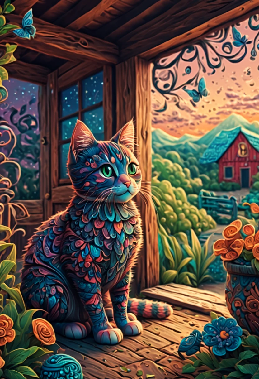 (best quality, highres, ultra sharp), magical ,cute cat, in a porch of a magic farm, zentangle, full colored, 3d crunch,