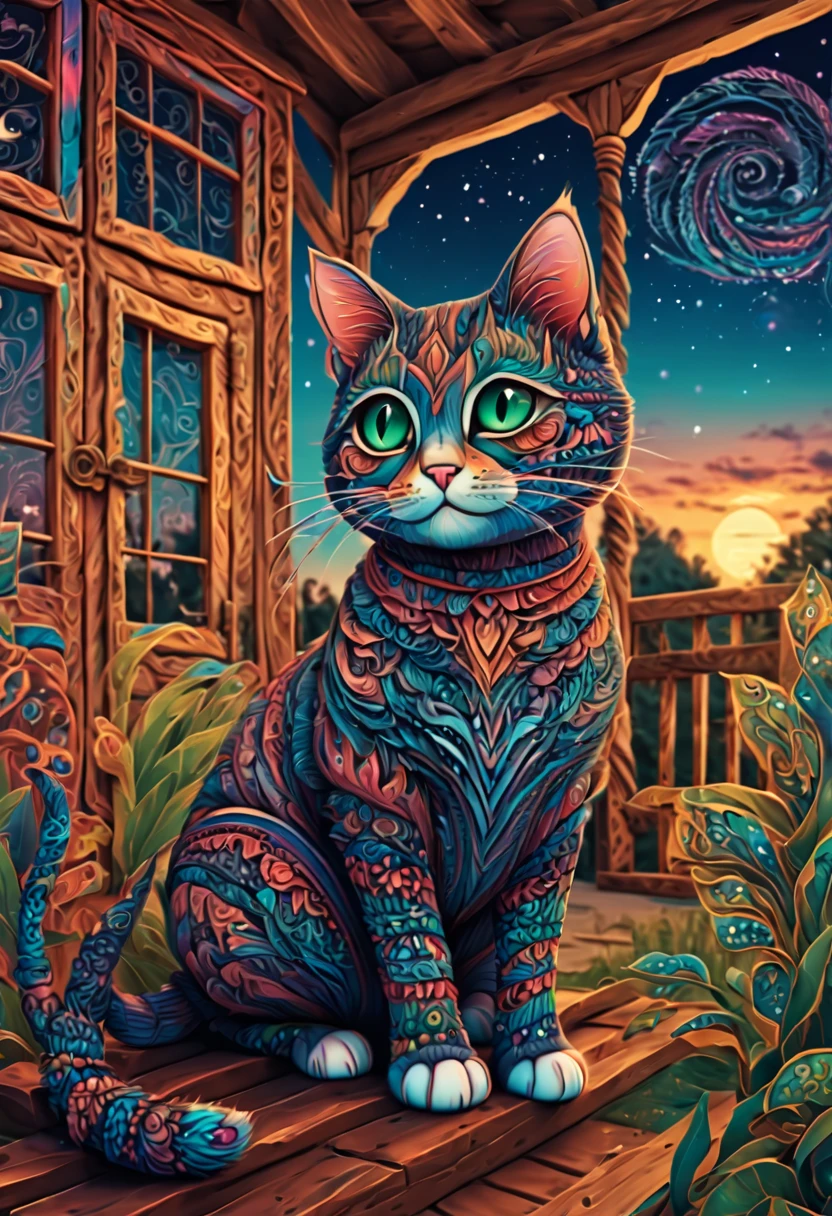 (best quality, highres, ultra sharp), magical ,cute cat, in a porch of a magic farm, zentangle, full colored, 3d crunch,