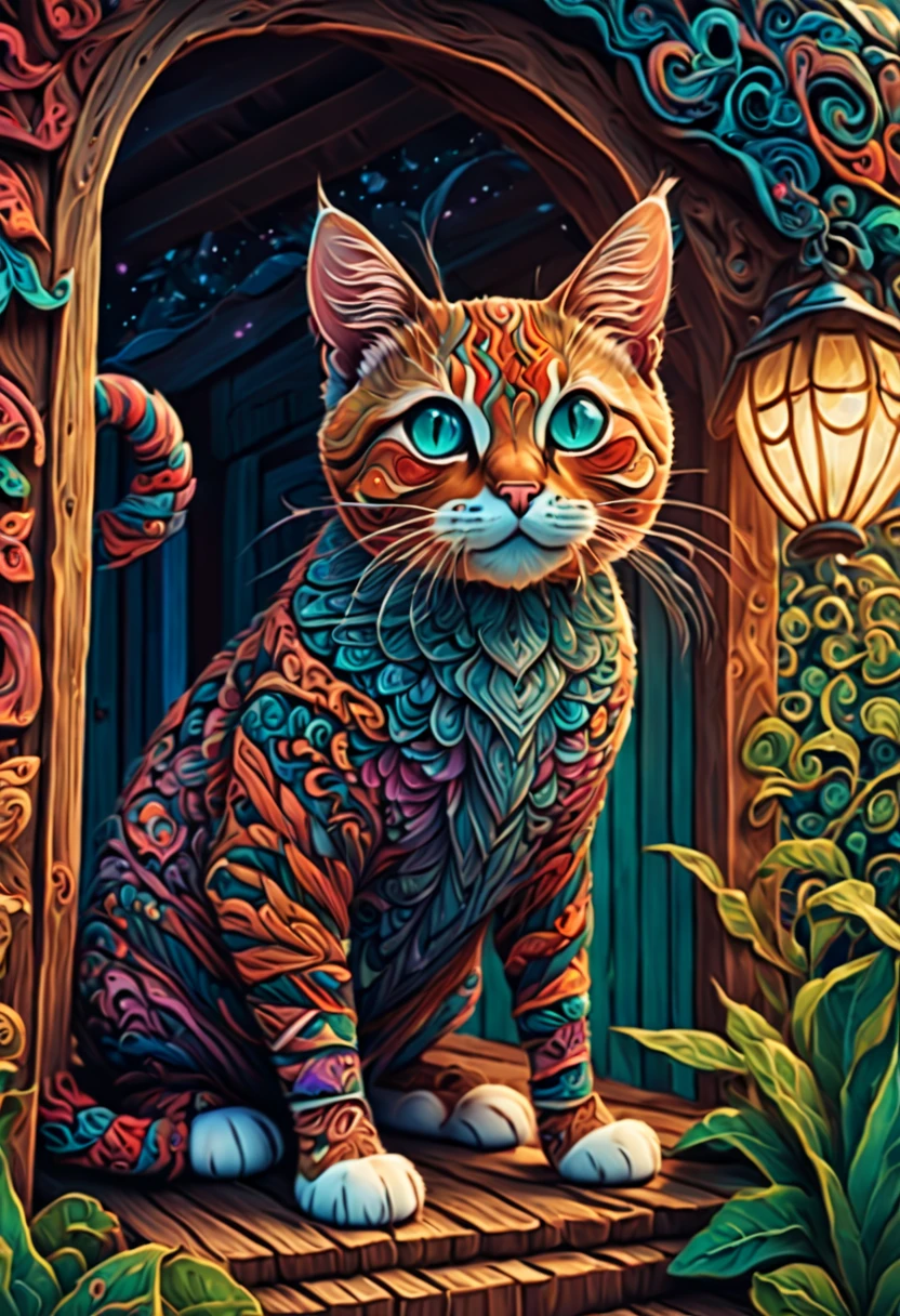 (best quality, highres, ultra sharp), magical ,cute cat, in a porch of a magic farm, zentangle, full colored, 3d crunch,