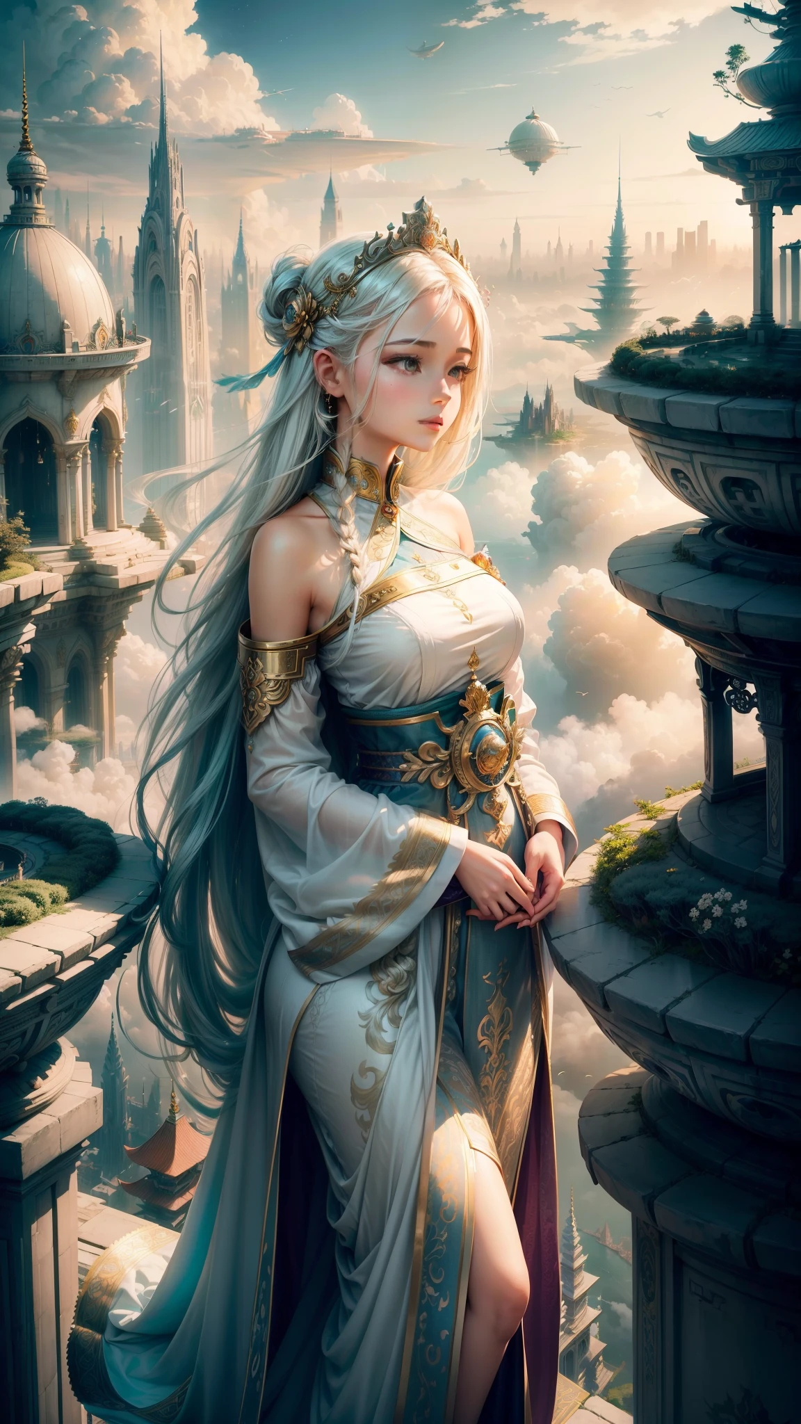 A city on clouds, ((serene girl)) with flowing hair, vivid and lively surroundings, tall and elegant buildings, airships in the sky, enchanting gardens, calm and tranquil mood, magical atmosphere, benevolent deity's reign over a sky kingdom, inhabitants living harmoniously with nature, distinct and beautiful architectural style, breathtaking landscape.