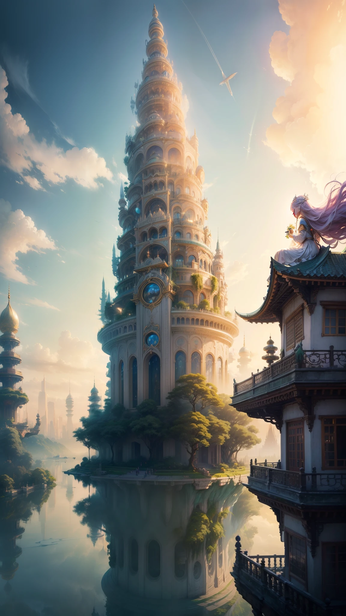 ((serene girl)) A city on clouds, with flowing hair, vivid and lively surroundings, tall and elegant buildings, airships in the sky, enchanting gardens, calm and tranquil mood, magical atmosphere, benevolent deity's reign over a sky kingdom, inhabitants living harmoniously with nature, distinct and beautiful architectural style, breathtaking landscape.