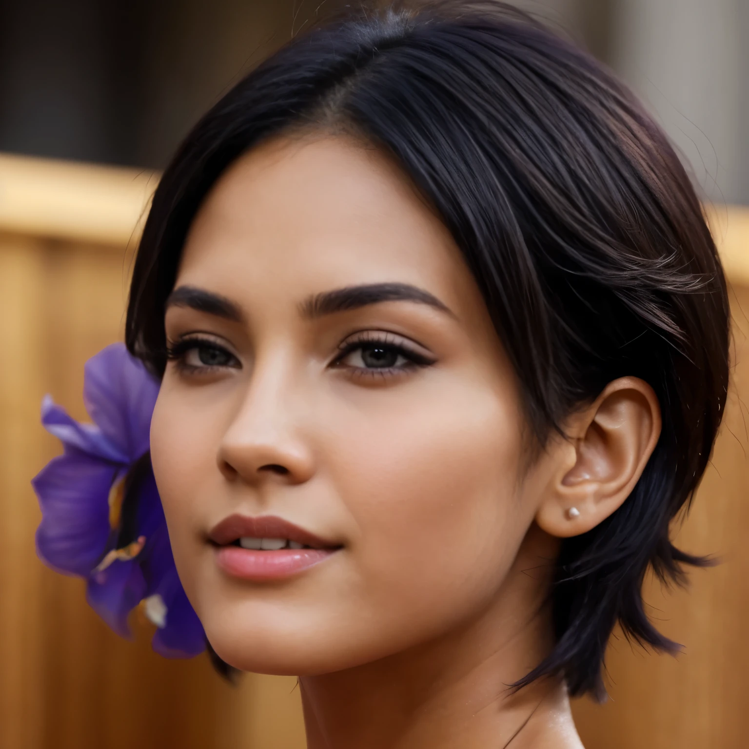 Buetifull woman with tan skin and short black hair, purple iris, close up of face, small nose, pointed nose, steong jaw line, small lips, slight smile, 