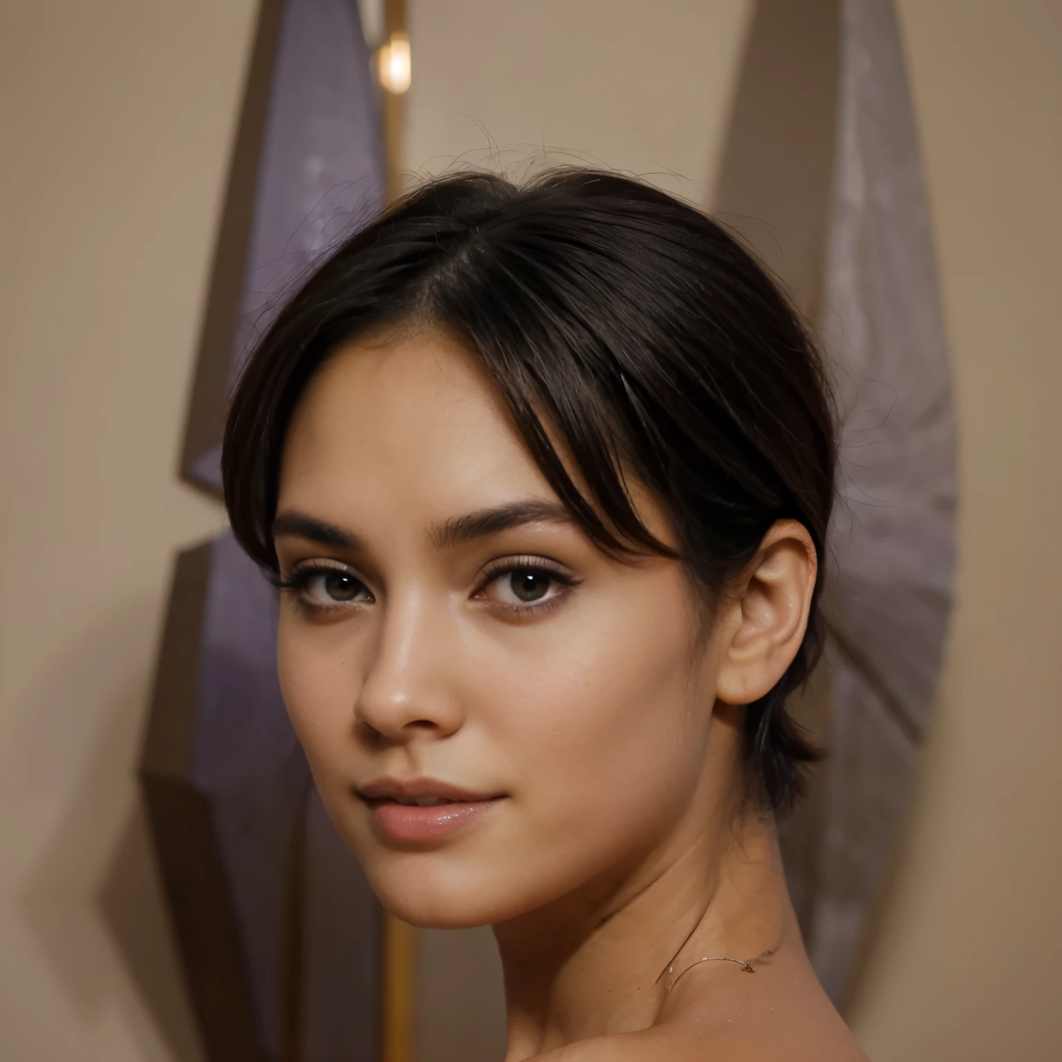 Buetifull woman with tan skin and short black hair, purple iris, close up of face, small nose, pointed nose, steong jaw line, small lips, slight smile, buetifull, strong jawline,