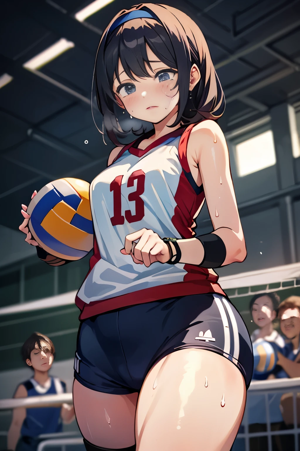 unity 8k wallpaper, anatomically correct,  (((masterpiece))), (((best quality))), (((ultra detailed))), (((high-resolution))), ((super fine illustration)), ((Ultimate cutie)), ((detailed beautiful face)), ((perfect hands)), perfect finger, (((good anatomy))), Solo, One girl, 17 years old, potbelly, (Curve), (plump), medium breasts, ((thick thighs)), Shiny hair, (A look of regret), (((Tearfully))), ((blush)), BREAK, Adidas, (((Buruma))), (Sleeveless Volleyball Uniforms), head band, ((wristbands)), ((Kneepads)), BREAK, ((Hold a beautiful Perfectly spherical 6" volleyball with both hands)), slouching forward, ((Sweat)), (perspired), (Heavy breathing), Sense of depth, in gymnasium, Lighting, (Looking down), cowboy shot