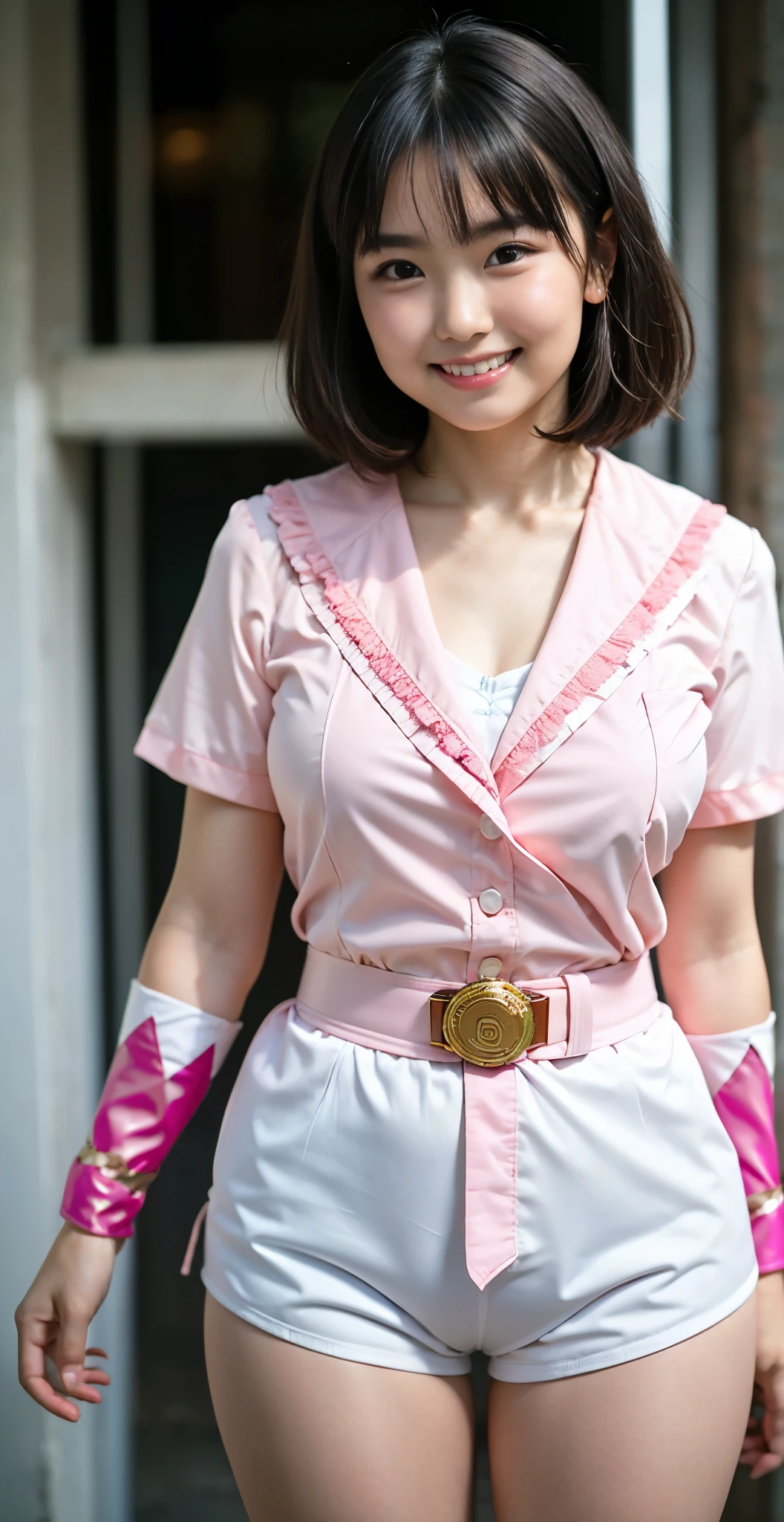 (8K、Raw photography、highest quality、masterpiece:1.2),(black haired、very short hair:1.9),show viewer,Looking at the front,erotic,白いskin,(bloomer ranger、The upper body is wearing a pink ranger costume.:1.9)、(Clothing that emphasizes the shape of your chest、publish one'skin:1.5)、(big breasts :1.3)、slim body shape、ultra high resolution,beautiful,beautiful fece,(alone, alone、no background:1.9),whole bodyボディー,japanese woman,(Photoreal:1.37)、photon mapping,reality、(Cute with a baby face: 1.0)、(cute smile: 1.7)、(With a round face: 1.8)、radio city、Physically based rendering、depth of field rally background、photograph, (I can see your knees,close up of thighs:1.4),whole body、super fine