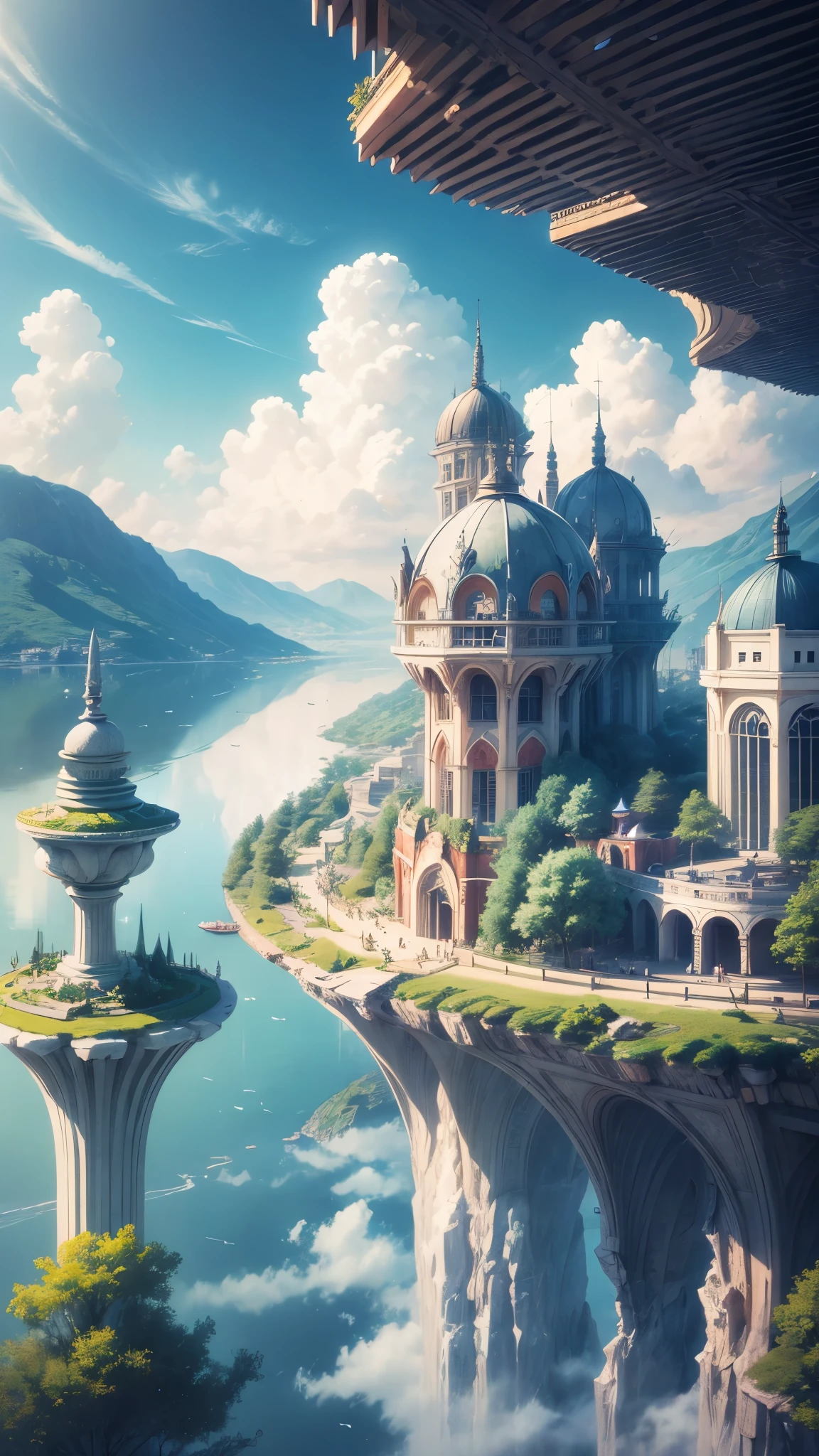 ((serene girl)) A city on clouds, with flowing hair, vivid and lively surroundings, tall and elegant buildings, airships in the sky, enchanting gardens, calm and tranquil mood, magical atmosphere, benevolent deity's reign over a sky kingdom, inhabitants living harmoniously with nature, distinct and beautiful architectural style, breathtaking landscape.