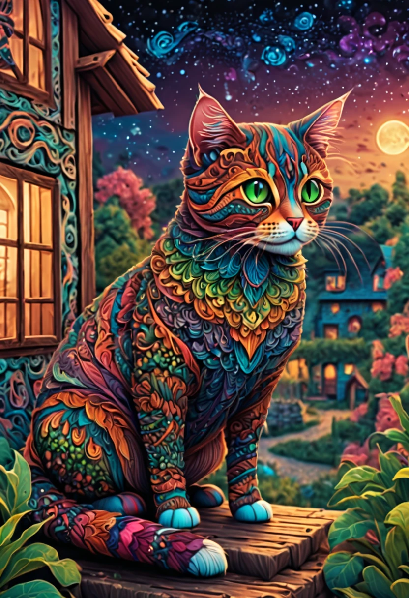 (best quality, highres, ultra sharp), magical ,cute cat, in a porch of a magic farm, zentangle, full colored, 3d crunch,