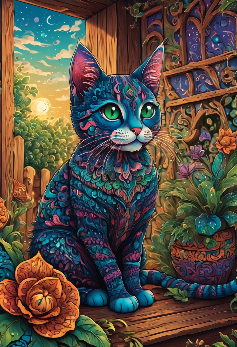(best quality, highres, ultra sharp), magical ,cute cat, in a porch of a magic farm, zentangle, full colored, 3d crunch,