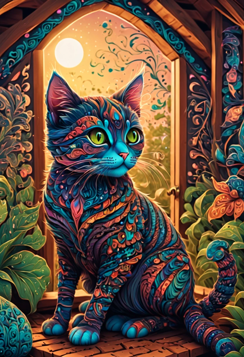 (best quality, highres, ultra sharp), magical ,cute cat, in a porch of a magic farm, zentangle, full colored, 3d crunch,