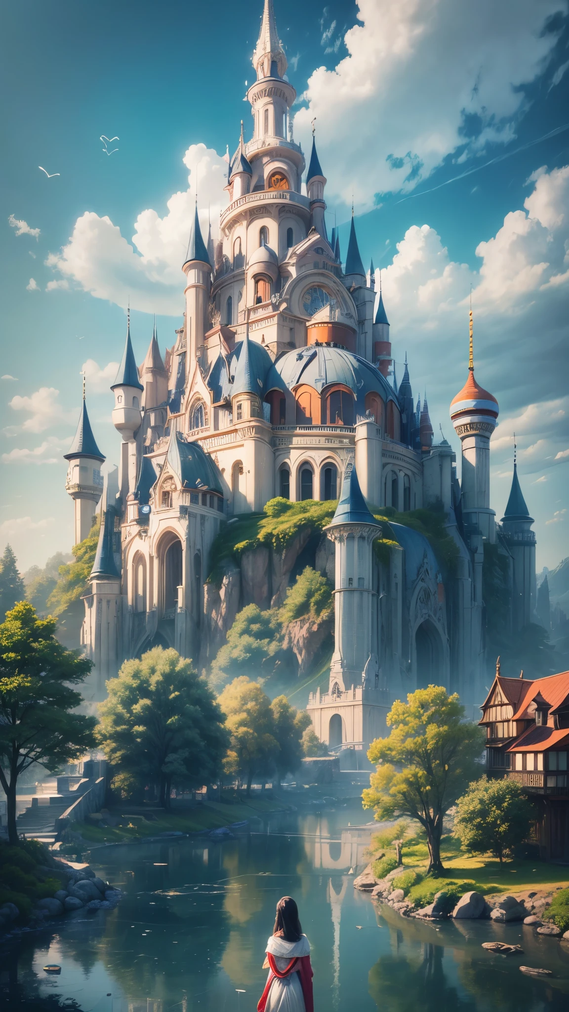 ((serene girl)) A city on clouds, with flowing hair, vivid and lively surroundings, tall and elegant buildings, airships in the sky, enchanting gardens, calm and tranquil mood, magical atmosphere, benevolent deity's reign over a sky kingdom, inhabitants living harmoniously with nature, distinct and beautiful architectural style, breathtaking landscape.