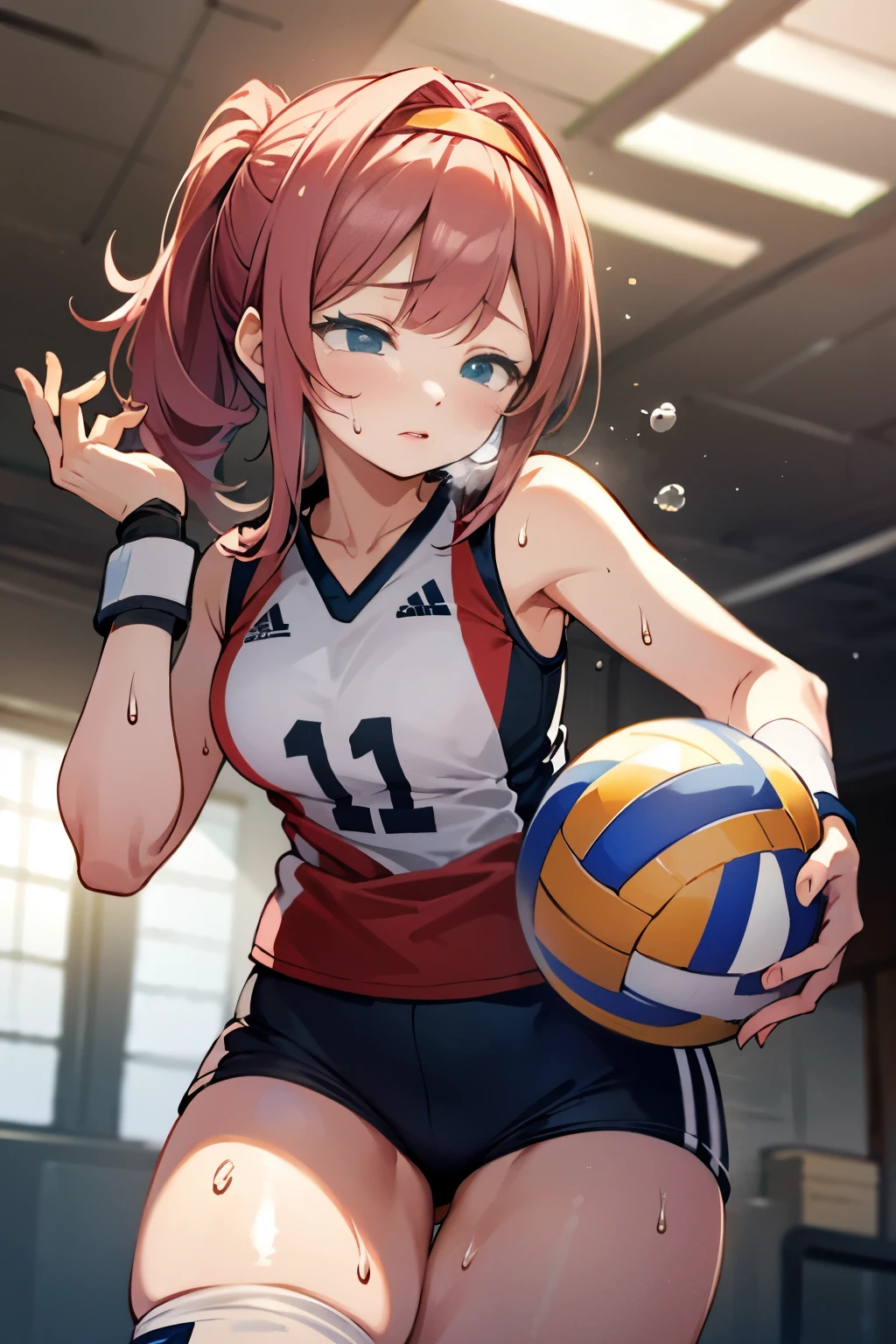 unity 8k wallpaper, anatomically correct,  (((masterpiece))), (((best quality))), (((ultra detailed))), (((high-resolution))), ((super fine illustration)), ((Ultimate cutie)), ((detailed beautiful face)), ((perfect hands)), perfect finger, (((good anatomy))), Solo, One girl, 17 years old, potbelly, (Curve), (plump), medium breasts, ((thick thighs)), Shiny hair, (A look of regret), (((Tearfully))), ((blush)), BREAK, Adidas, (((Buruma))), (Sleeveless Volleyball Uniforms), head band, ((wristbands)), ((Kneepads)), BREAK, ((Hold a beautiful Perfectly spherical 6" volleyball with both hands)), slouching forward, ((Sweat)), (perspired), (Heavy breathing), Sense of depth, in gymnasium, Lighting, (Looking down), cowboy shot