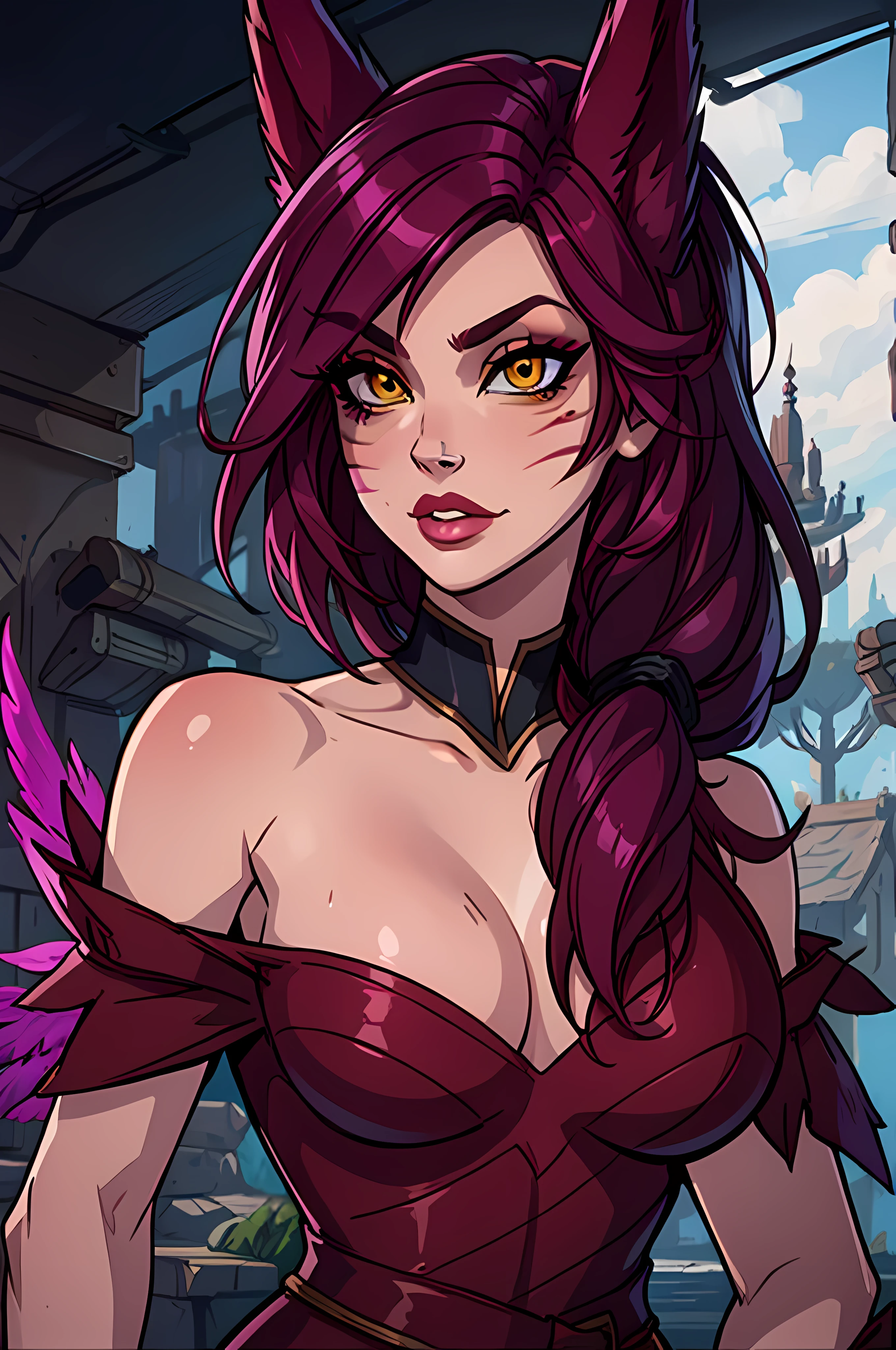 masterpiece, best quality, 1girl, close-up, portrait, xayah, intense makeup, yellow eyes, beautiful, facial marks, slim, nose piercing