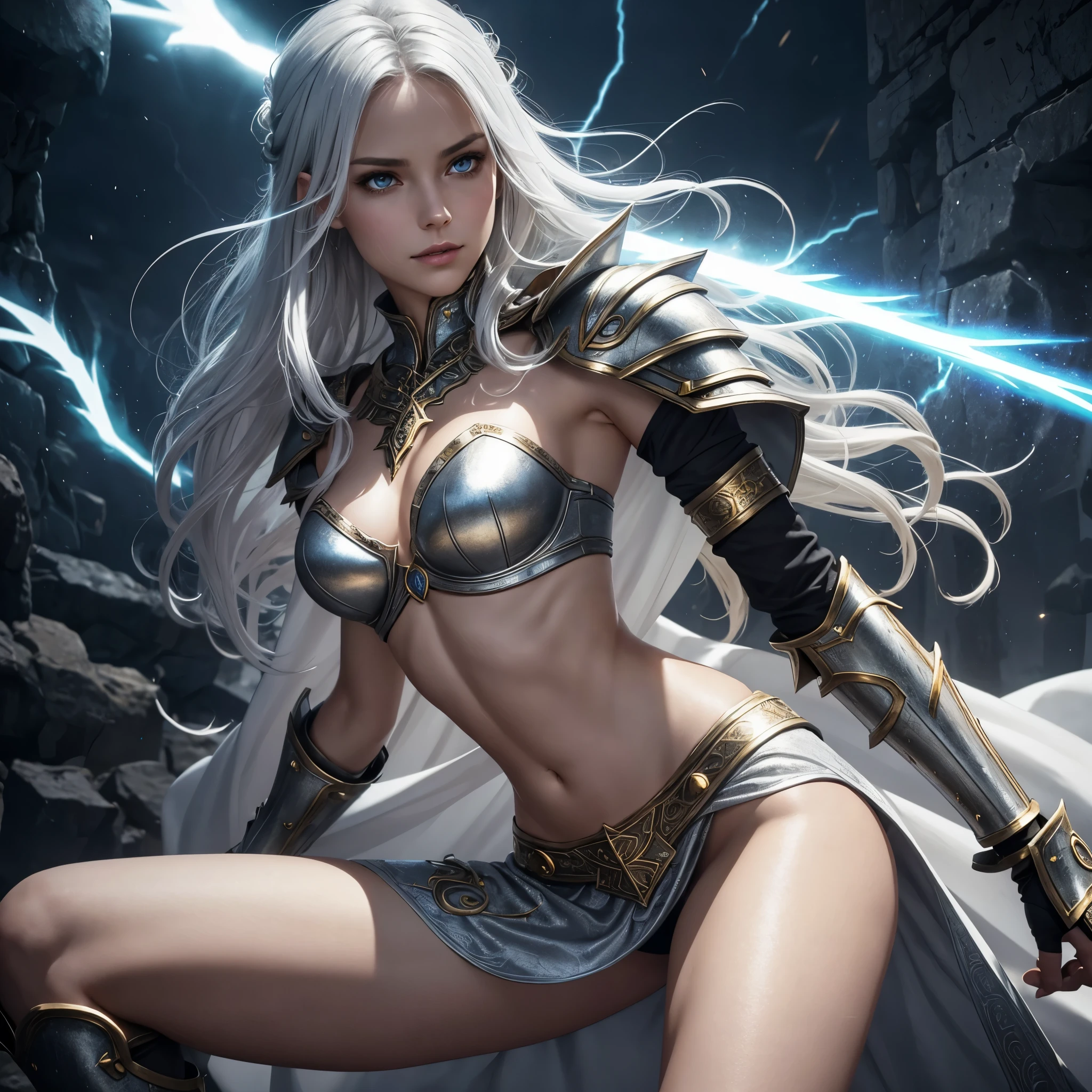 bridgeless bra, young woman with a slim shapely figure, small perky breasts, long shapely legs, small waist, slender hips, toned stomach, long flowing silver white hair, (big bright eyes), sweet face, small nose, wearing an intricately decorated very sexy gold metal plate armor, skimpy revealing armor, ((glowing runes cover the armor)), knee high armored boots, bare midriff, lots of exposed skin, a white cape billows behind her, bolts of arcane energy swirl around her, hands glow as she prepares to cast a powerful spell, lightning surges through and surrounds her