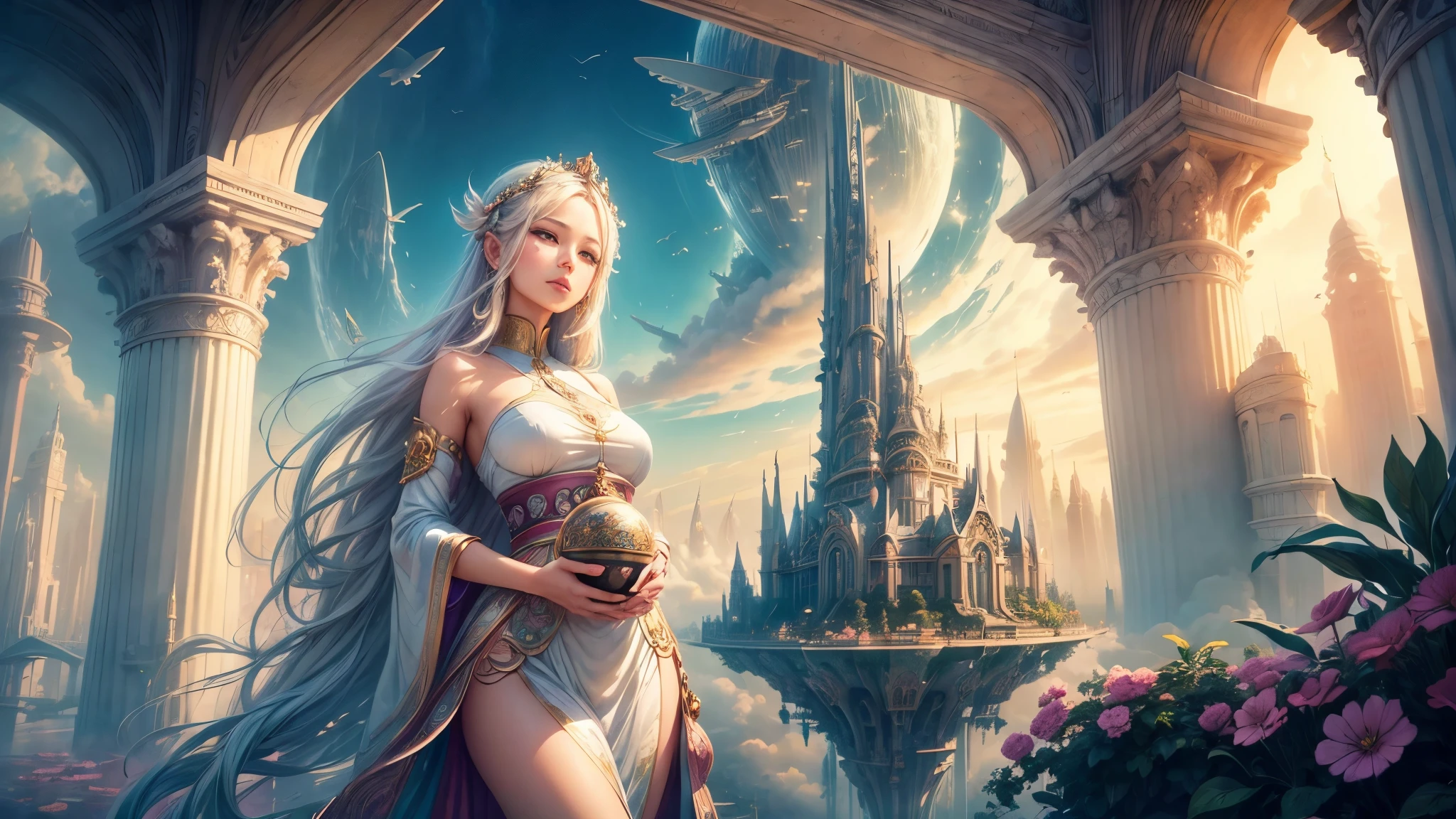 ((serene girl)) A city on clouds, with flowing hair, vivid and lively surroundings, tall and elegant buildings, airships in the sky, enchanting gardens, calm and tranquil mood, magical atmosphere, benevolent deity's reign over a sky kingdom, inhabitants living harmoniously with nature, distinct and beautiful architectural style, breathtaking landscape.