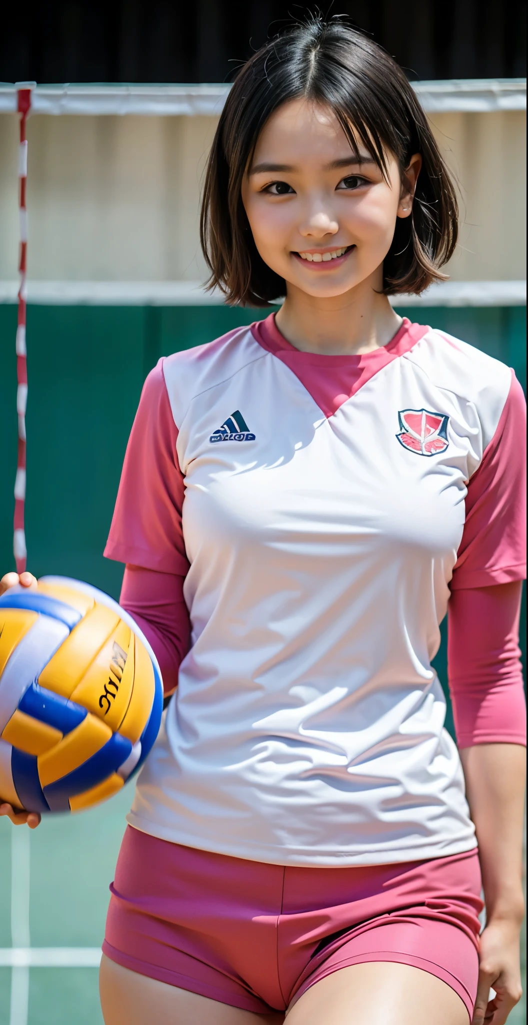 （8K、Raw photography、highest quality、masterpiece：1.2),(black haired、very short hair:1.9),show viewer,Looking at the front,erotic,白いskin,(volleyball warrior、bloomer ranger、The upper body is wearing a pink ranger costume.:1.8)、(Clothing that emphasizes the shape of your chest、publish one&#39;skin:1.5)、(big breasts :1.3)、slim body shape、ultra high resolution,beautiful,beautiful fece,(alone, alone、no background:1.9),whole bodyボディー,japanese woman,（Photoreal：1.37）、photon mapping,reality、(Cute with a : 1.0)、(cute smile: 1.7)、(With a round face: 1.8)、radio city、Physically based rendering、depth of field rally background、photograph, (I can see your knees,close up of thighs:1.4),whole body、super fine