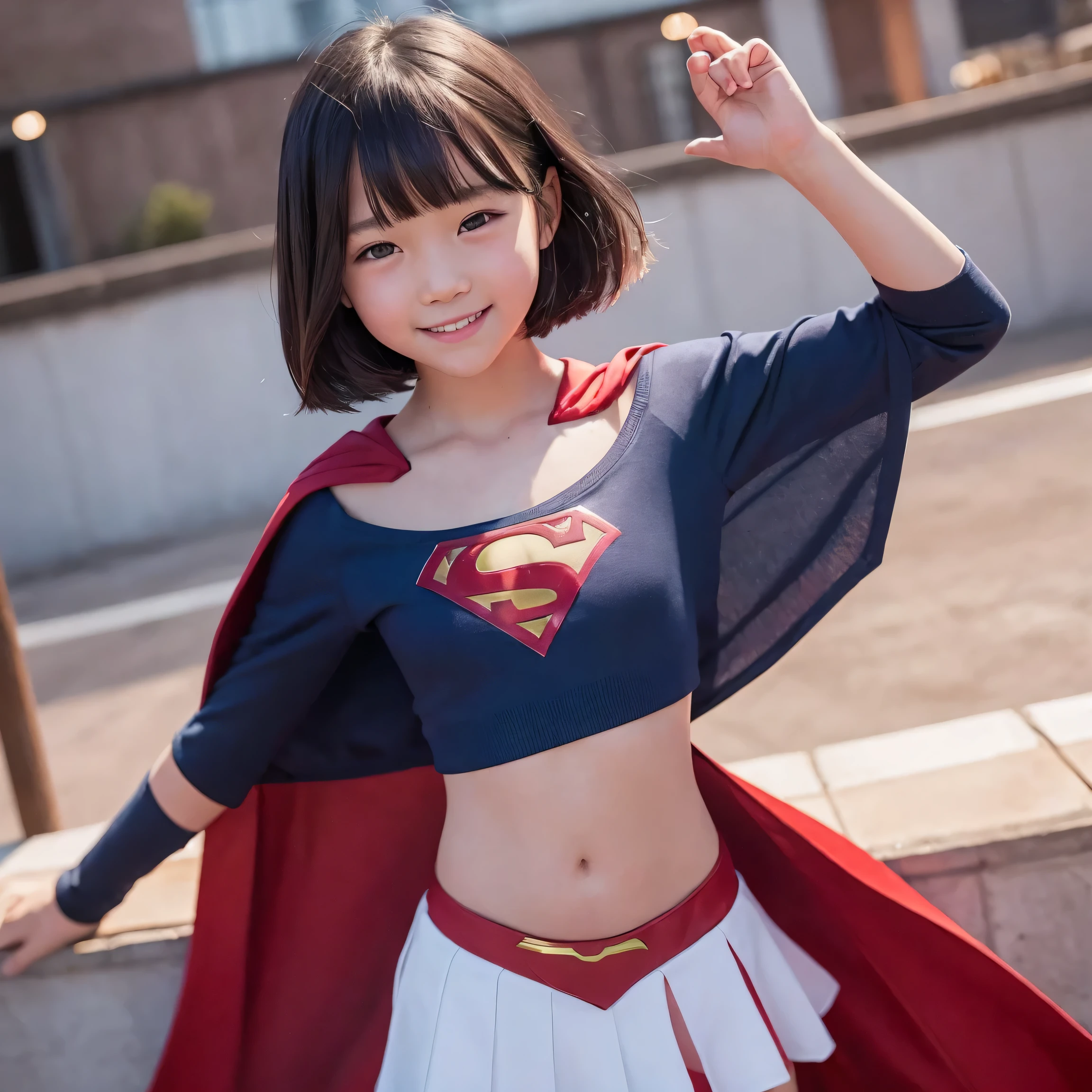 A very elementary school student is wearing Supergirl clothes..、masterpiece、highest quality、Spreading black hair、bob cut with trimmed ends、(flat chest)、lolicon、red cloak、short sleeve、belly button、Many shining hearts fly away、Rooftop background with pool、(whole body)、smile、cute pose、Clear crotch