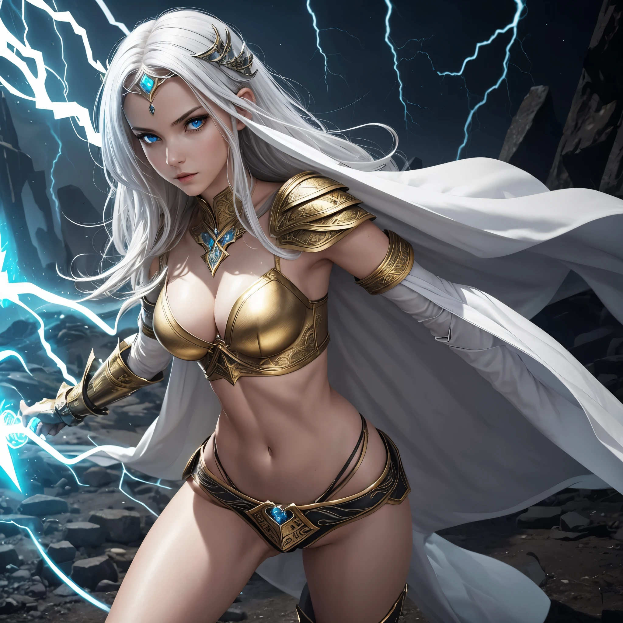 bridgeless bra, young woman with a slim shapely figure, small perky breasts, long shapely legs, small waist, slender hips, toned stomach, long flowing silver white hair, (big bright eyes), sweet face, small nose, wearing an intricately decorated very sexy gold metal plate armor, skimpy revealing armor, ((glowing runes cover the armor)), knee high armored boots, bare midriff, lots of exposed skin, a white cape billows behind her, bolts of arcane energy swirl around her, hands glow as she prepares to cast a powerful spell, lightning surges through and surrounds her