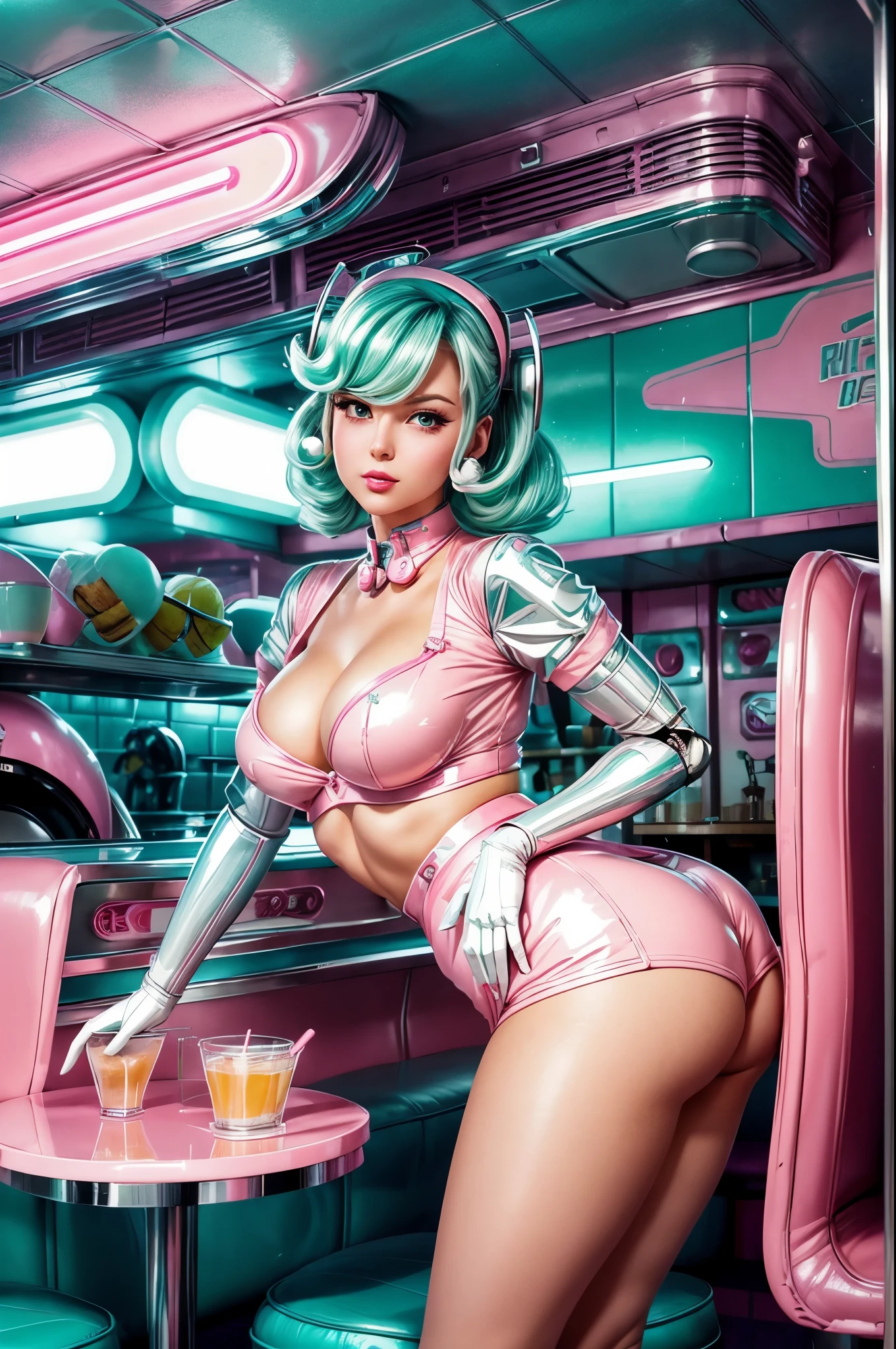 "retro-futuristic robot, pastel pink and mint aesthetics, 50's diner ambiance,Sexy pose Pinup bunny girl waitress, chrome accents, futuristic nostalgia, gleaming surfaces, soft pastel tones",realhands,Mecha,looking back