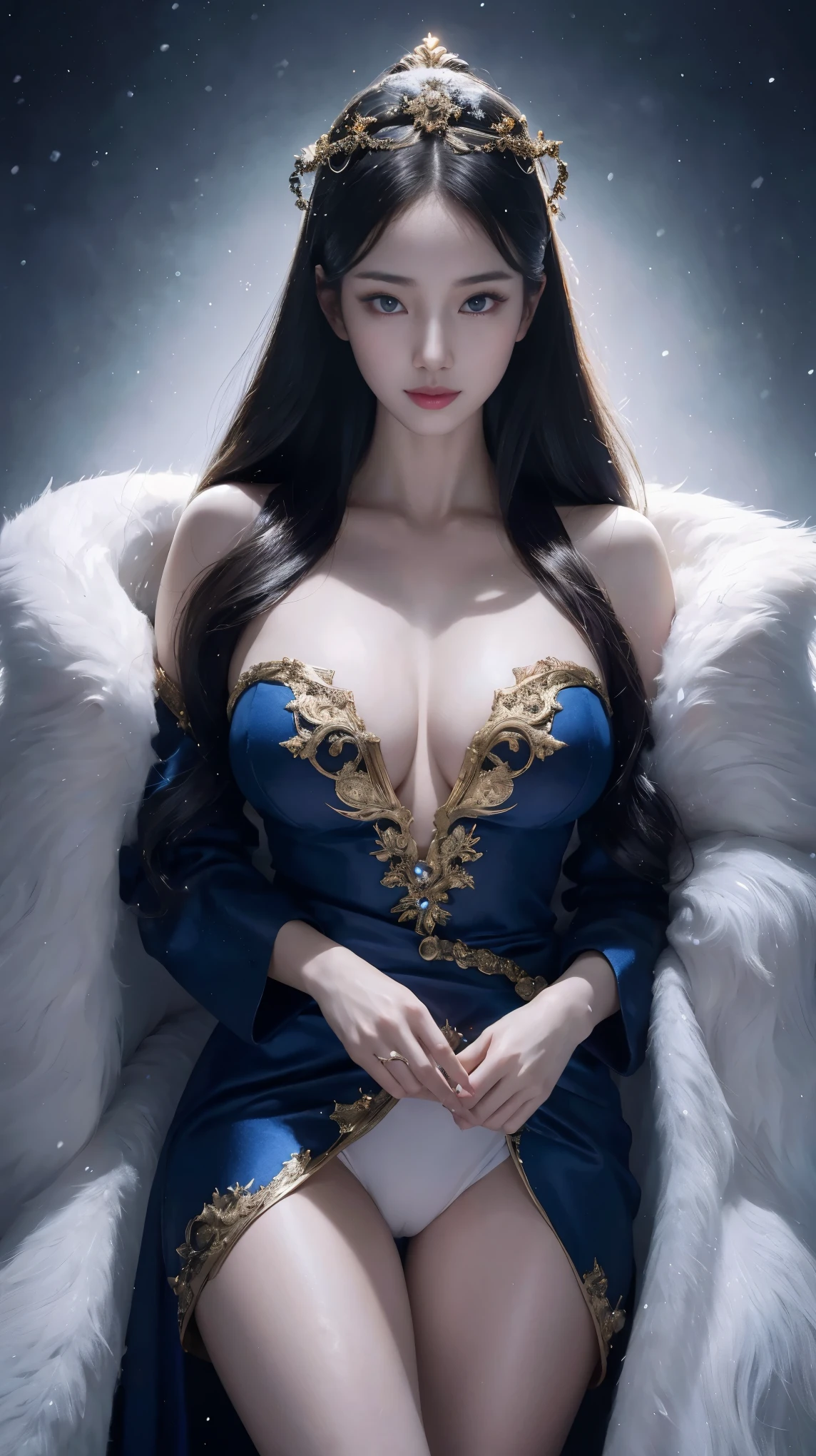 a beautiful empress portrait, black hair, perfect blue eyes, with a brilliant, impossible striking big Christmas headpiece, sexy skimpy clothes Santa robes, everything Christmas, snow, symmetrical, dramatic studio lighting, asian, closeup, D&D, fantasy, intricate, elegant, highly detailed, digital painting, artstation, octane render, concept art, matte, sharp focus, big breasts, slender body, full body shot, makeup, smile, rococo, baroque, hyperrealism, high detail, super detail, masterpiece, best quality, 8k, 16k