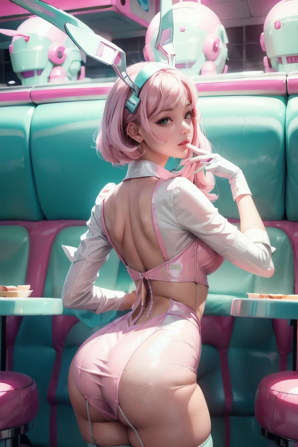 "retro-futuristic robot, pastel pink and mint aesthetics, 50's diner ambiance,Sexy pose Pinup bunny girl waitress, chrome accents, futuristic nostalgia, gleaming surfaces, soft pastel tones",realhands,Mecha,looking back