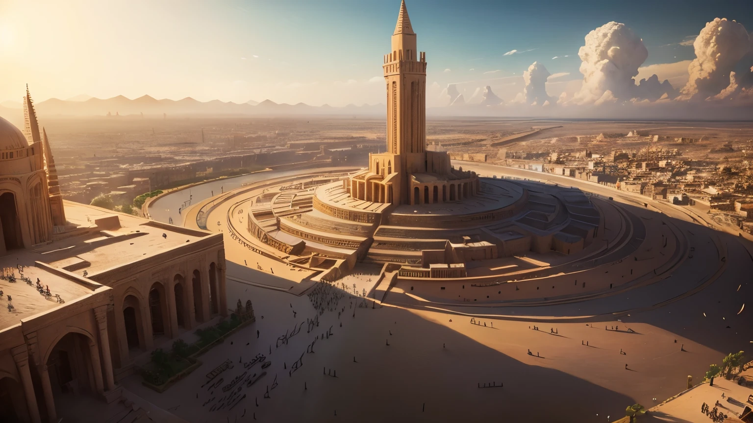 In the heart of the ancient city of Babylon, a wide shot reveals a towering Tower of Babel, its intricately detailed surface shimmering under the sun. The bustling population of the massive city can be seen milling about below, soldiers marching in formation, and slaves toiling under their watch. Animals roam the streets, adding to the chaotic yet hyper-realistic scene. This is Babylon of biblical times, a place of grandeur and complexity, where history unfolds before our very eyes.