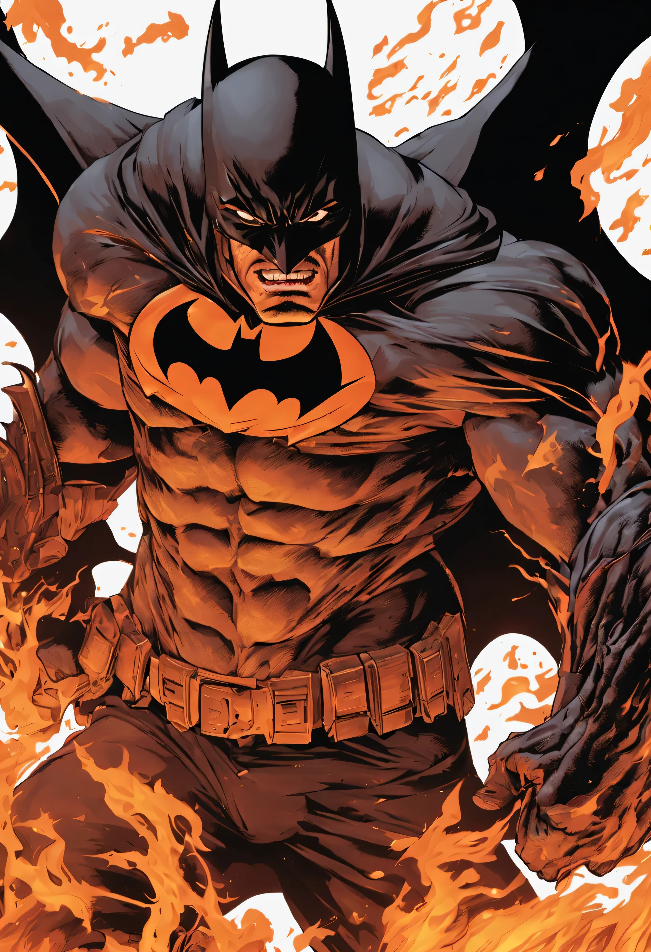 Batman esguio, com musculos definidos, de forma infernal remetendo ao inferno, full of flames and an expression on his face that is frightening and demonic