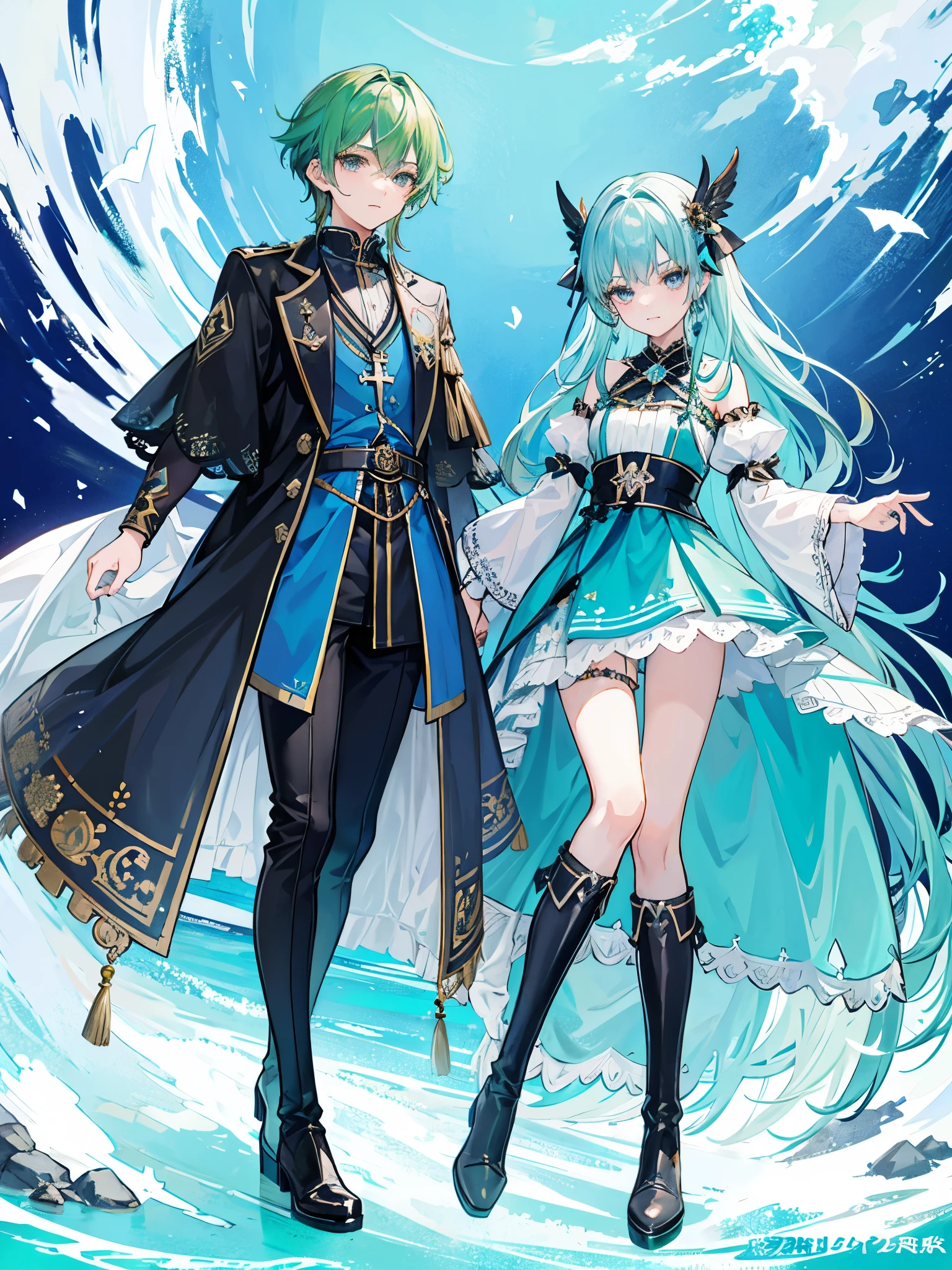 ((a boy)), ocean green hair, dark blue gray eyes, ((idol costume)), ((Cross-dressing)), long boots, ((Beautiful boy)), ((individual)), ((dress)), run, Shawl long hair, 无袖dress
