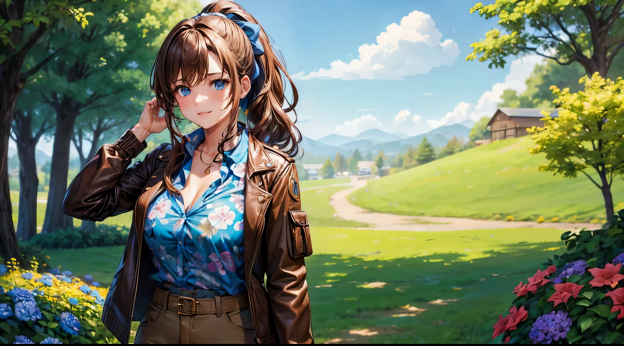 large breasts, button down shirt, ((worn out shirt)), blue eyes, ((blue floral pattern shirt)), ((unbuttoned shirt)), cleavage 1:3
