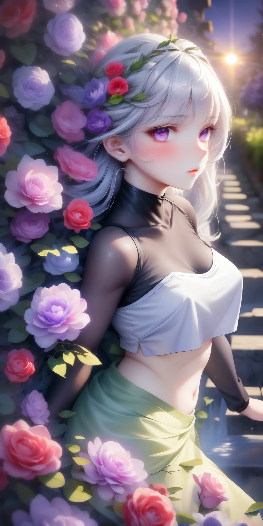 actual, 1 girl, white hair, purple eyes, glowing eyes, crop top, skirt, open lips, blush, night, flowers, sun, sunlight,surrounded by flowing roses