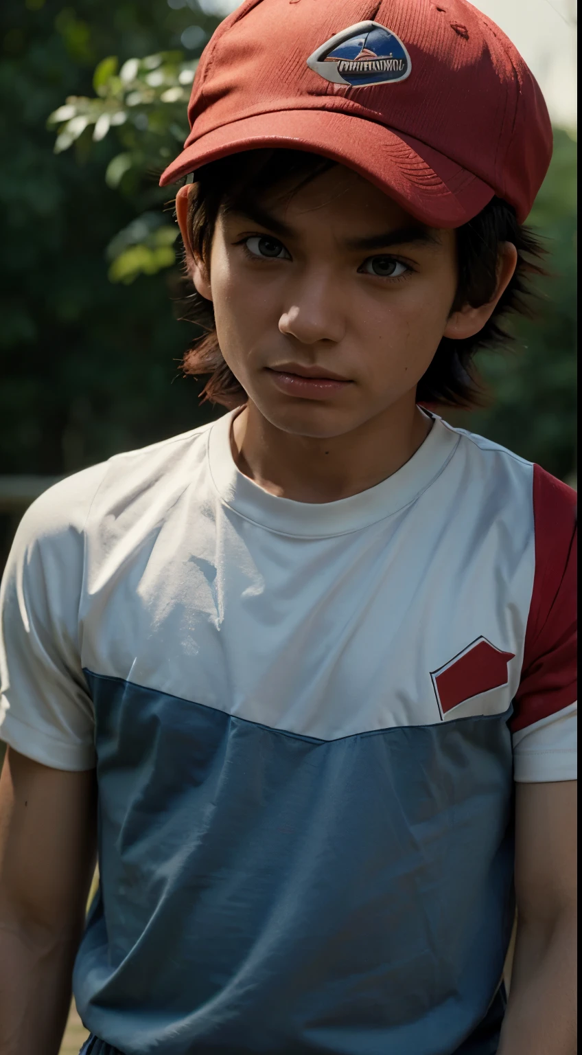 Masterpiece, Highest Quality, Ultra-Detailed, Hyper-Real, ((Ash Ketchum)), Perfect Face, FOTO FRONTAL, cinematic lighthing, full body, (red hat),