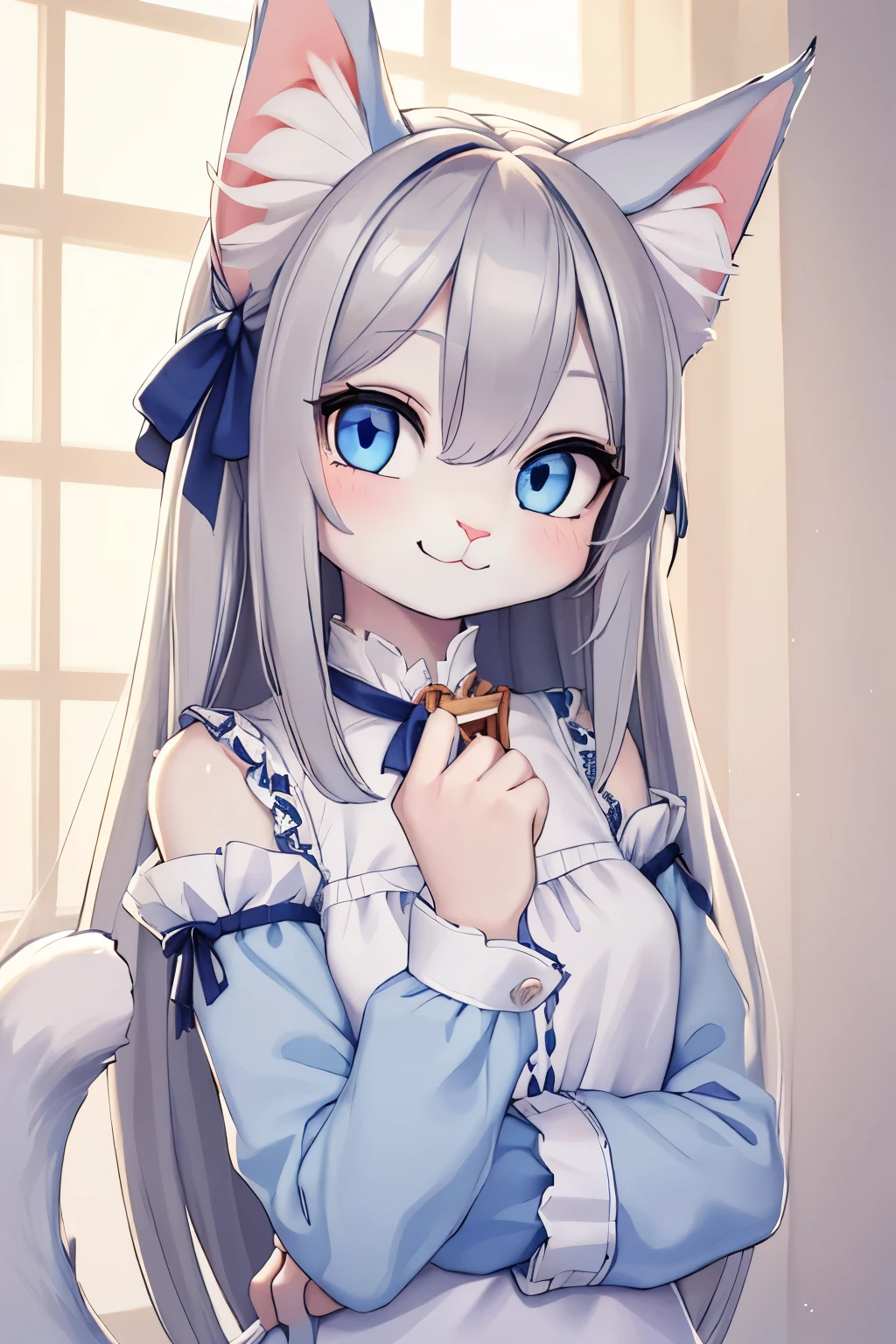 (it&#39;s empty here), ((masterpiece)) , ((Best quality)), illustration, fluffy, 
cat, animal ears, tail, Bodimekh, 1 girl, throw, Upper body, 1 girl, One, long hair, gray hair, *//*, Blue eyes, *//*, a white blouse, Looking at the viewer, smile,