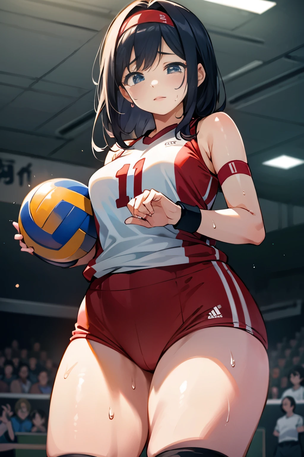 unity 8k wallpaper, anatomically correct, (((masterpiece))), (((best quality))), (((ultra detailed))), (((high-resolution))), ((super fine illustration)), ((Ultimate cutie)), ((detailed beautiful face)), ((perfect hands)), perfect finger, (((good anatomy))), Solo, One girl, , potbelly, (Curve), (plump), medium breasts, ((thick thighs)), Shiny hair, (A look of regret), (((Tearfully))), ((blush)), BREAK, Adidas, (((Buruma))), (Sleeveless Volleyball Uniforms), head band, ((wristbands)), ((Kneepads)), BREAK, ((Hold a beautiful Perfectly spherical 6" volleyball with both hands)), slouching forward, ((Sweat)), (perspired), (Heavy breathing), Sense of depth, in gymnasium, Lighting, (Looking down), cowboy shot