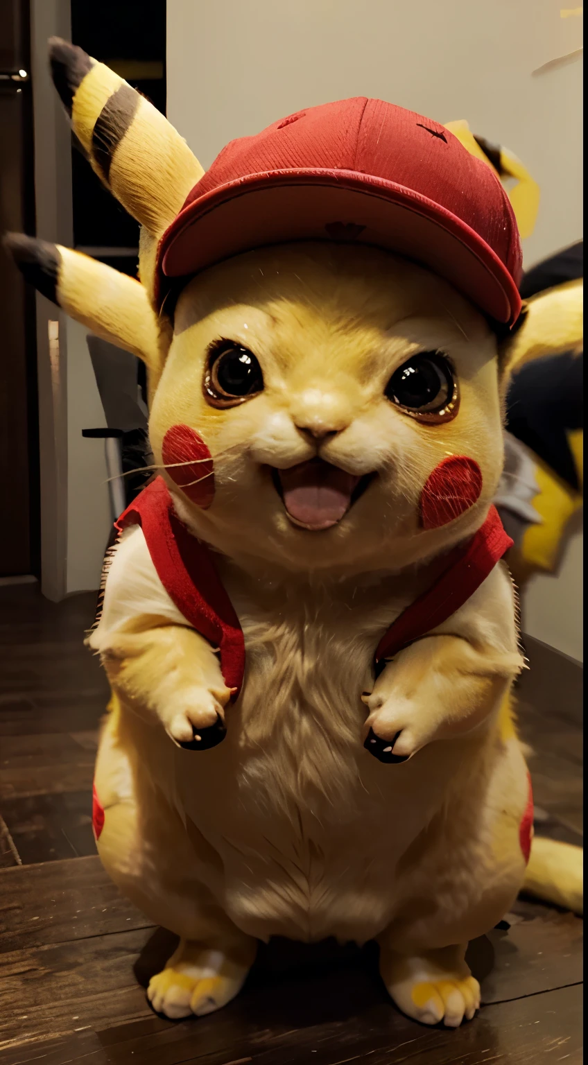 Masterpiece, Highest Quality, Ultra-Detailed, Hyper-Real, ((Pikachu)), Perfect Face, FOTO FRONTAL, cinematic lighthing, full body, (red hat),