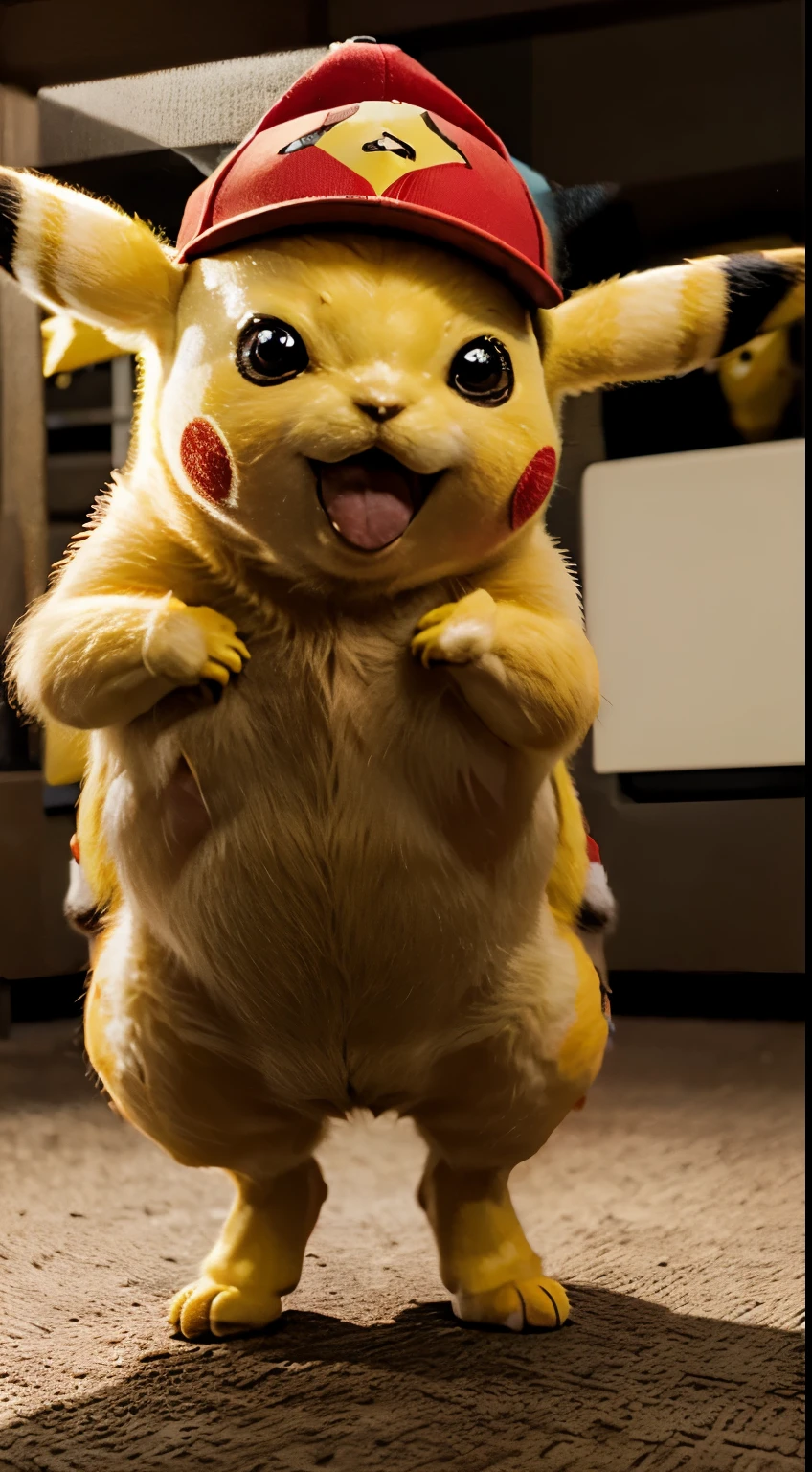 Masterpiece, Highest Quality, Ultra-Detailed, Hyper-Real, ((Pikachu)), Perfect Face, FOTO FRONTAL, cinematic lighthing, full body, (red hat), 